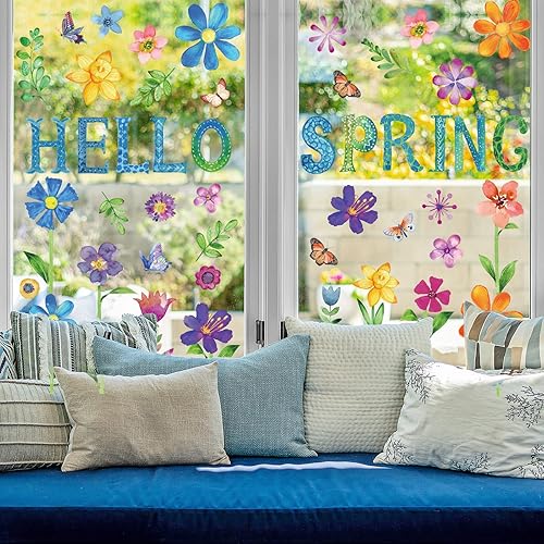 Miniatura 5 de AnyDesign Adhesivos para ventana de flores de acuarela de primavera, 9 hojas de calcomanías de PVC para decoración del hogar, suministros de fiesta,