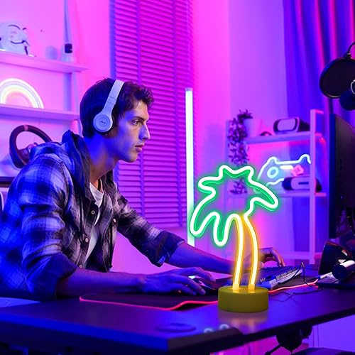 Miniatura 4 de ENUOLI Letreros de neón de palmera de coco LED con batería, alimentados por USB, luz de neón con base de soporte para suministros de fiesta,