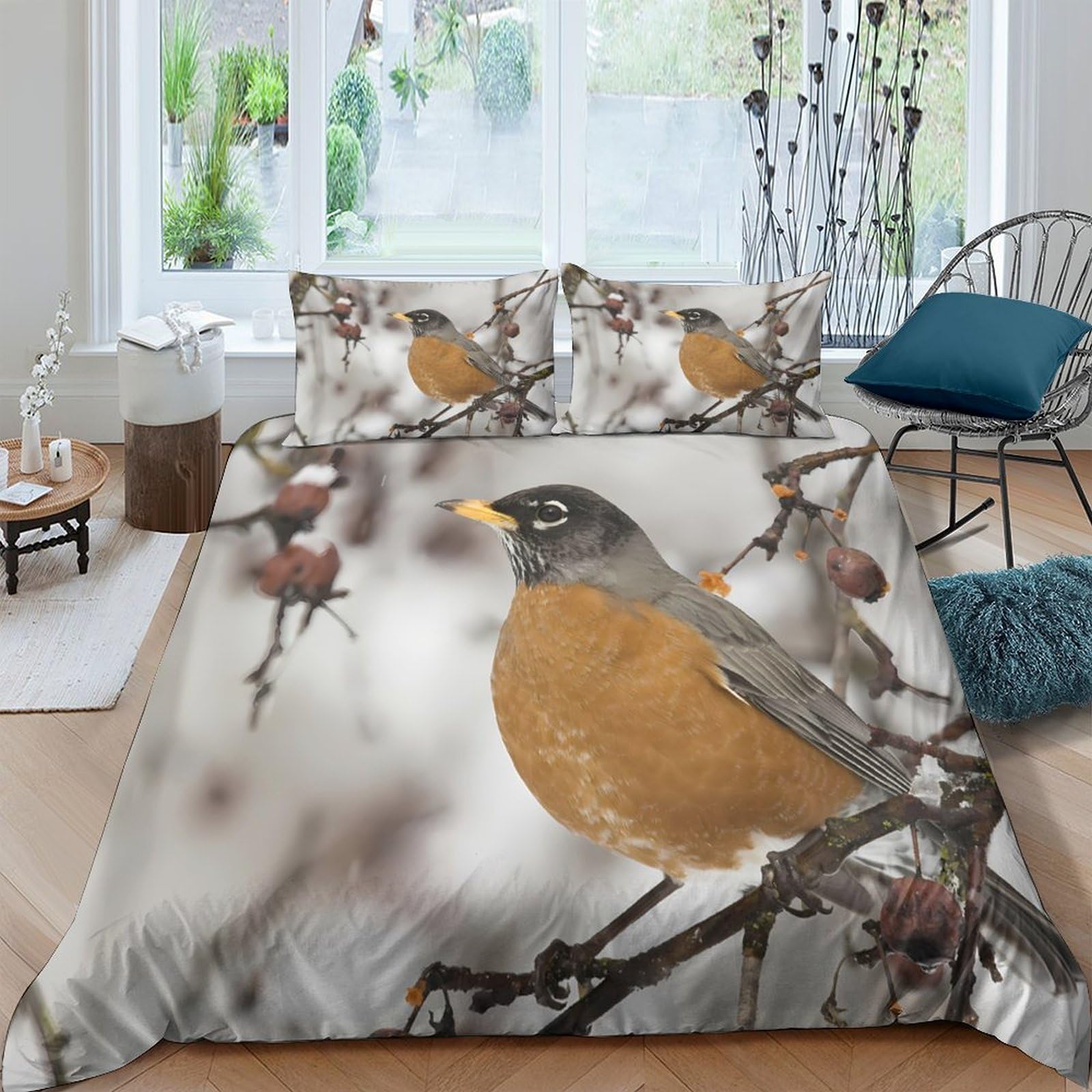 Ctjqhvkz Style-2 3D Printed Robin Bird Branch Fitted Sheet Microfiber Soft Breathable Forest Bed Cover For Bedroom Dorm Decor Single（135X200cm）