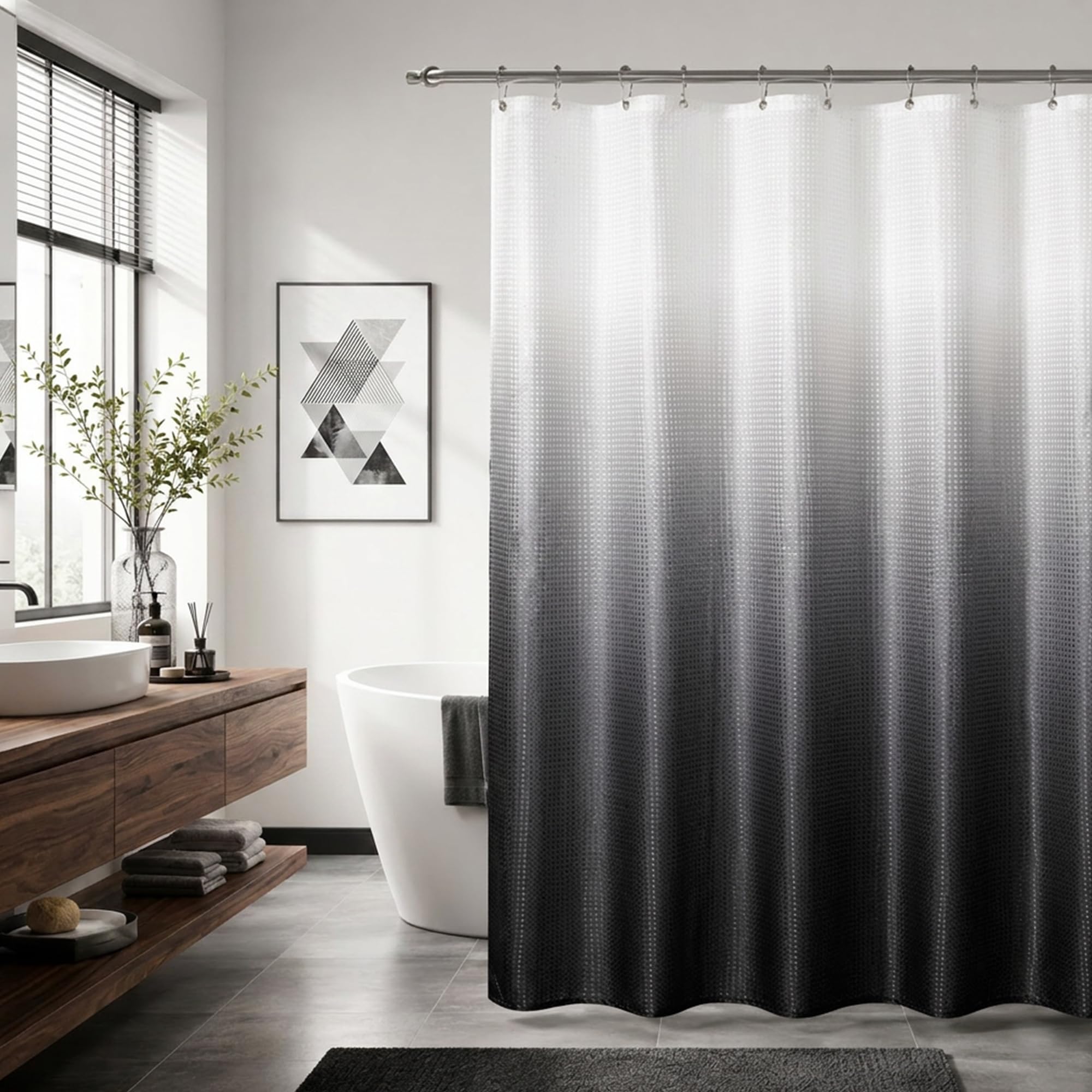 Mrs.Naturall Black and White Waffle Weave Fabric Shower Curtain Set with Hooks,Waterproof Modern Shower Curtains for Bathroom,Cute Ombre Dark Grey Cloth Bathroom Shower Curtain Sets,72x72 Inches