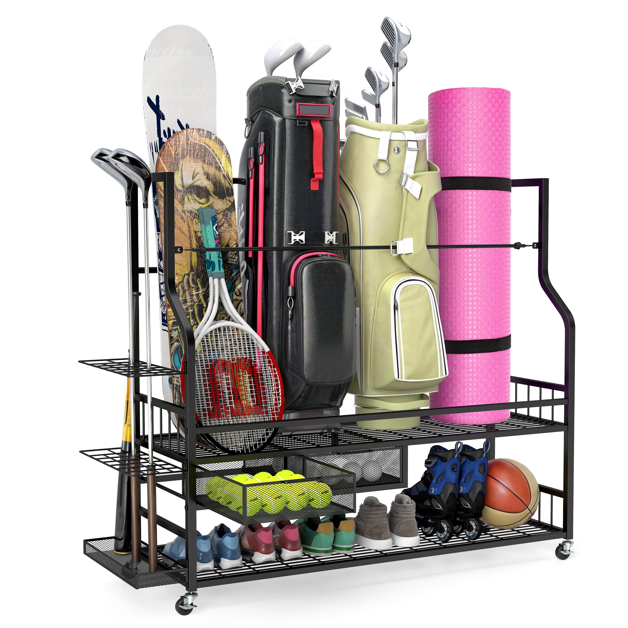 YITAHOME Golf Bag Storage Rack with Wheels, 3/4/5 Golf Bags Organizer for Garage, Club, and Shed, Features Drawer for Golf Bags, Clubs, Balls, and Other Sport Equipment