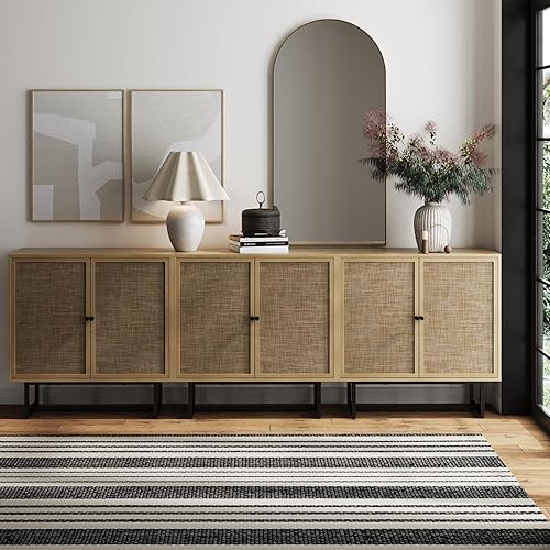 Miniatura 12 de Nathan James Kova - Aparador de almacenamiento de ratán con marco de madera y metal mate, estantes interiores ajustables y puertas de caña, para