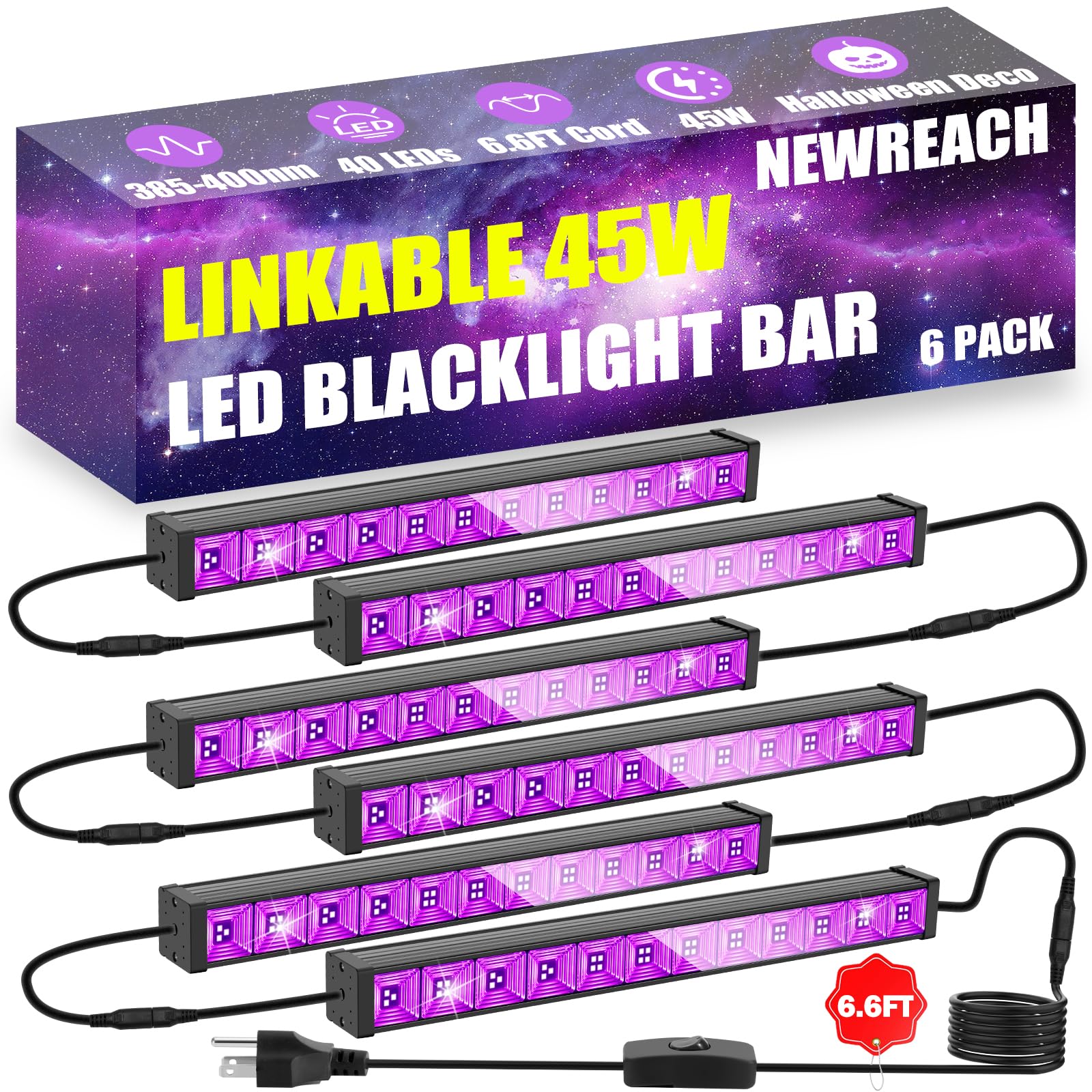 NEWREACH 45W*6 Linkable Black Light Bar LED Blacklight with 6.6ft Cord, Glow in The Dark Each Light Up 28x28ft for Neon Party, Body Paint, Fluorescent Poster, Birthday, Halloween, Bedroom
