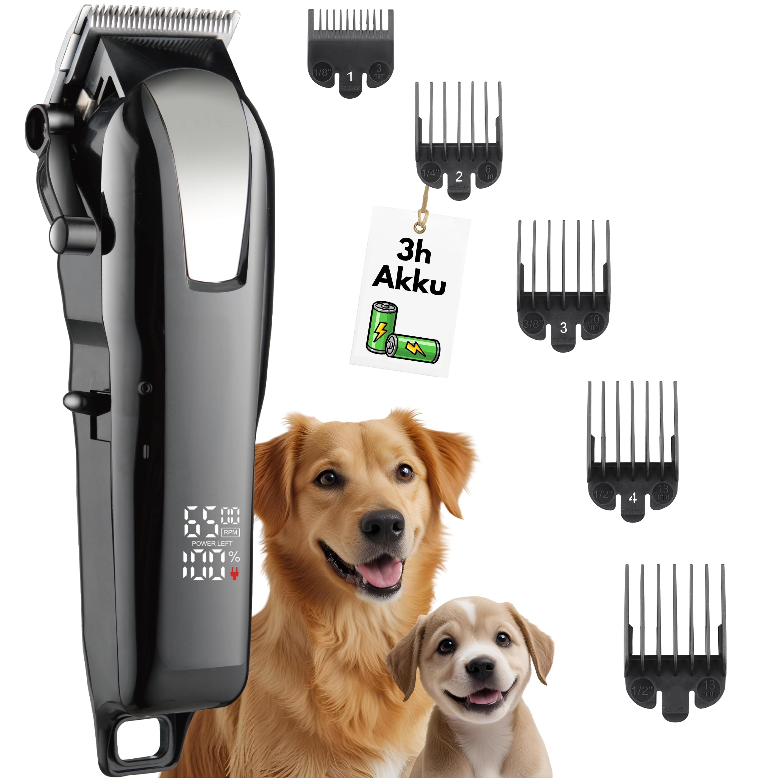 Hundeschermaschine - Leise Profi Schermaschine für Hund Katze Pferd dichtes Fell - Hundetrimmer Hunde-Haarschneidemaschine Hunderasierer - 3h Akku