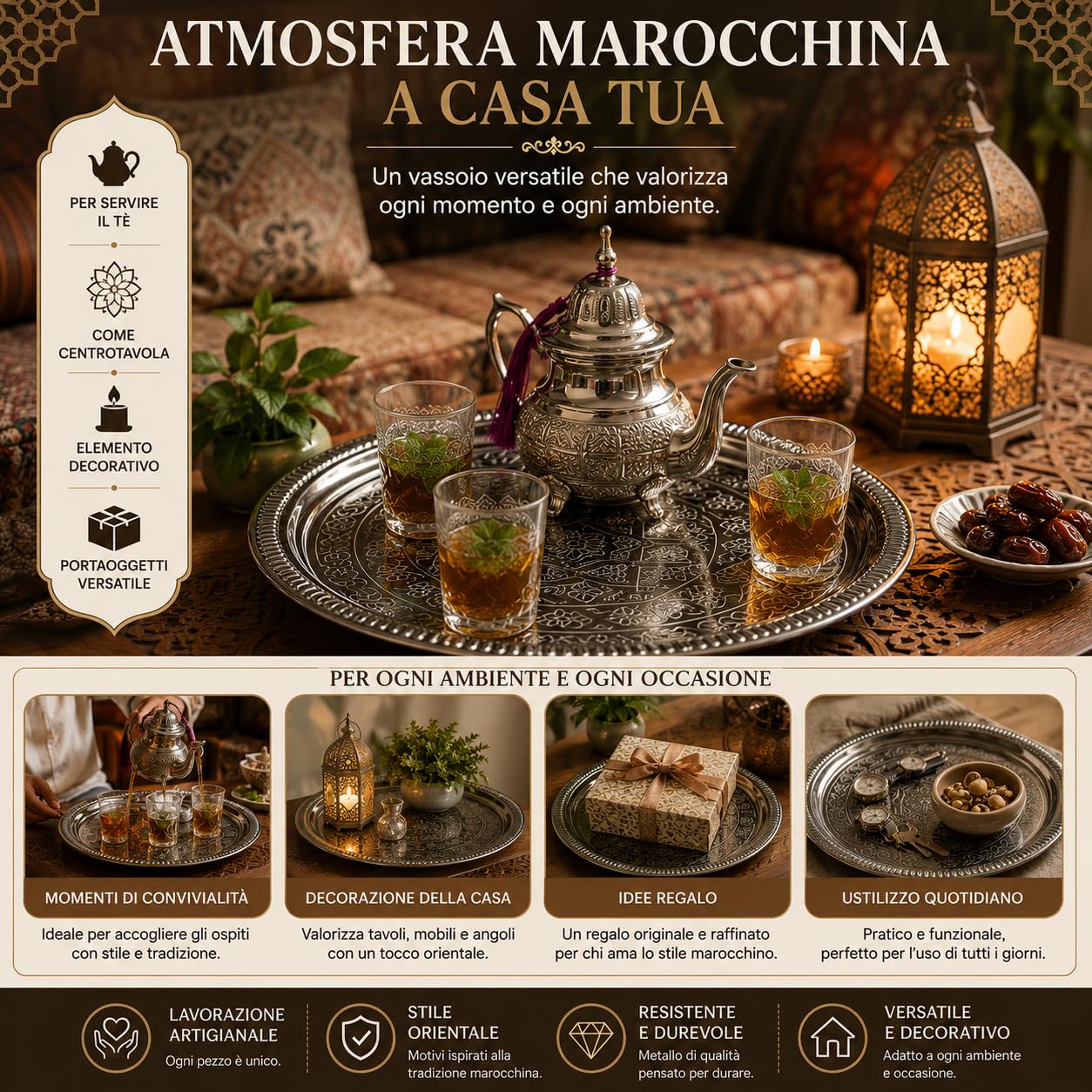 Vassoio Marocchino in Metallo Cesellato a Mano, Rotondo, Stile Orientale, Ø 30 cm, per Tè e Decorazione