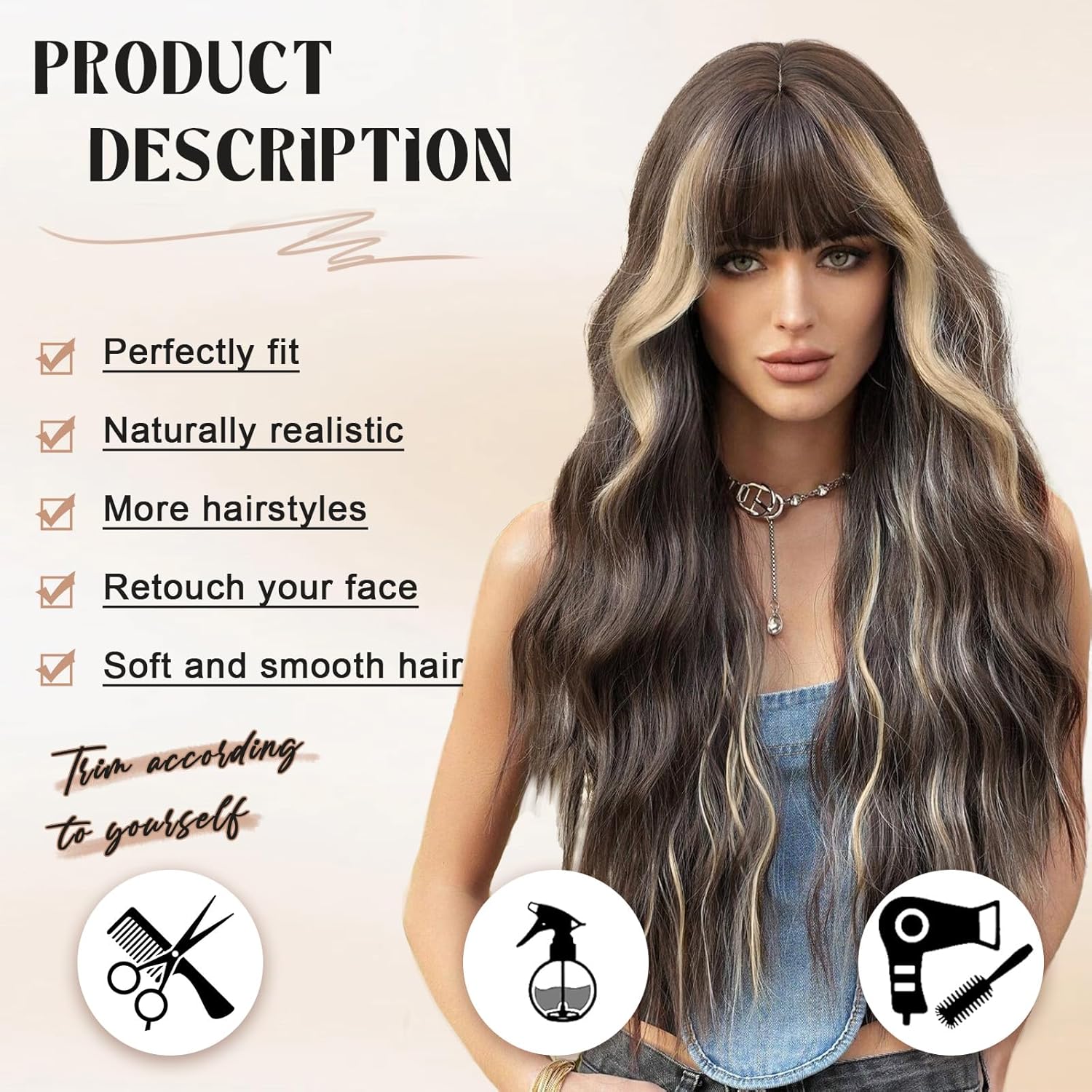 NOSTALGIA Wigs with Bangs 26 Inches Curly Wavy Wig for Women Brown Mixed Blonde Highlight Wig Synthetic Wigs for Girls Daily Party Use