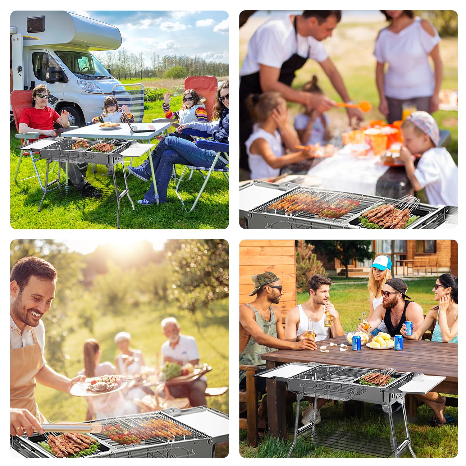 Barbecue à charbon de bois en acier inoxydable Rôtissoire pliable Barbecue portable pour camping, randonnée, pique-nique, cuisson en plein air, avec double couche, gril pliant