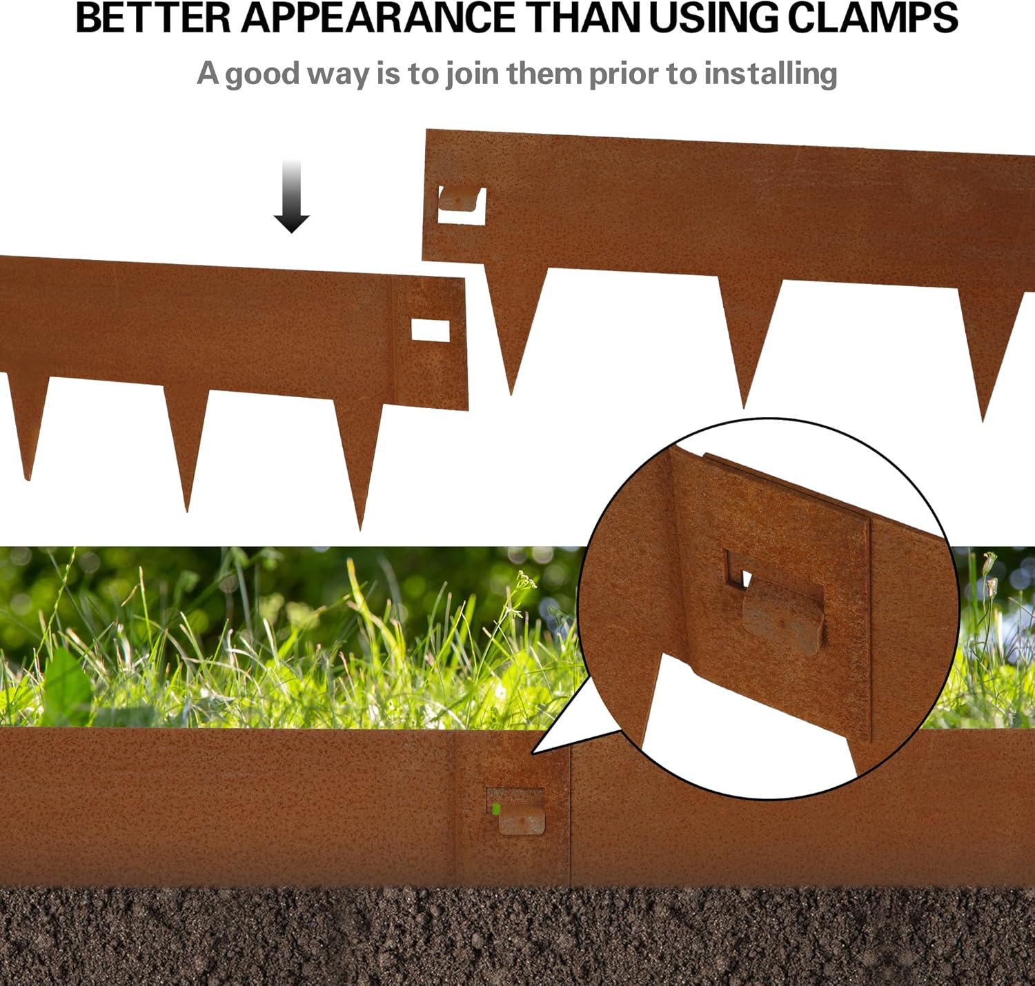 Worth Garden 6-Pack 6 H. Corten Steel Landscape Lawn Edging (20Ft Total) - Rust Patina Finish 18-Gauge Bendable Metal Strips - Hammer-in Edging Border - Buckle Connection - Yard Pathway Divider