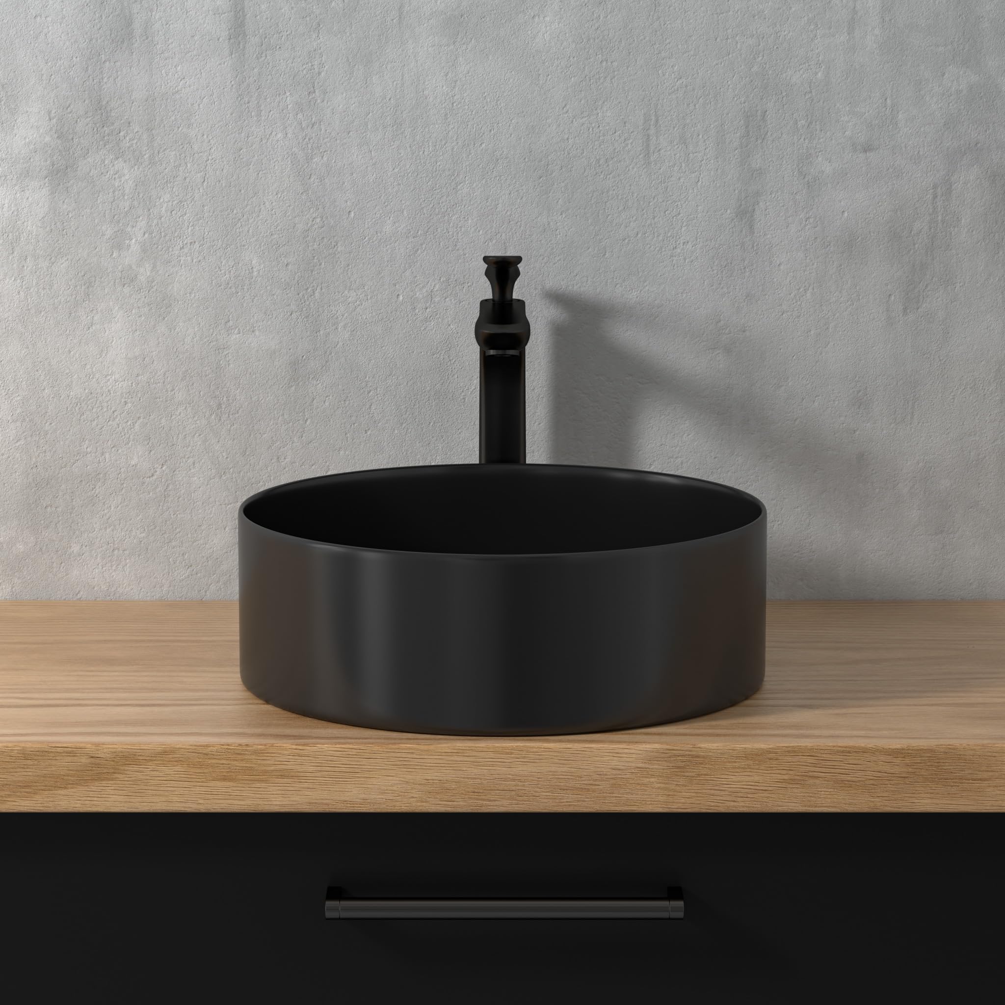 Lavabo negro, redondo, pequeño lavabo de mano en diseño elegante y fácil de limpiar para baño y aseo de invitados (negro mate, 39,5 x 39,5 x 13 cm)
