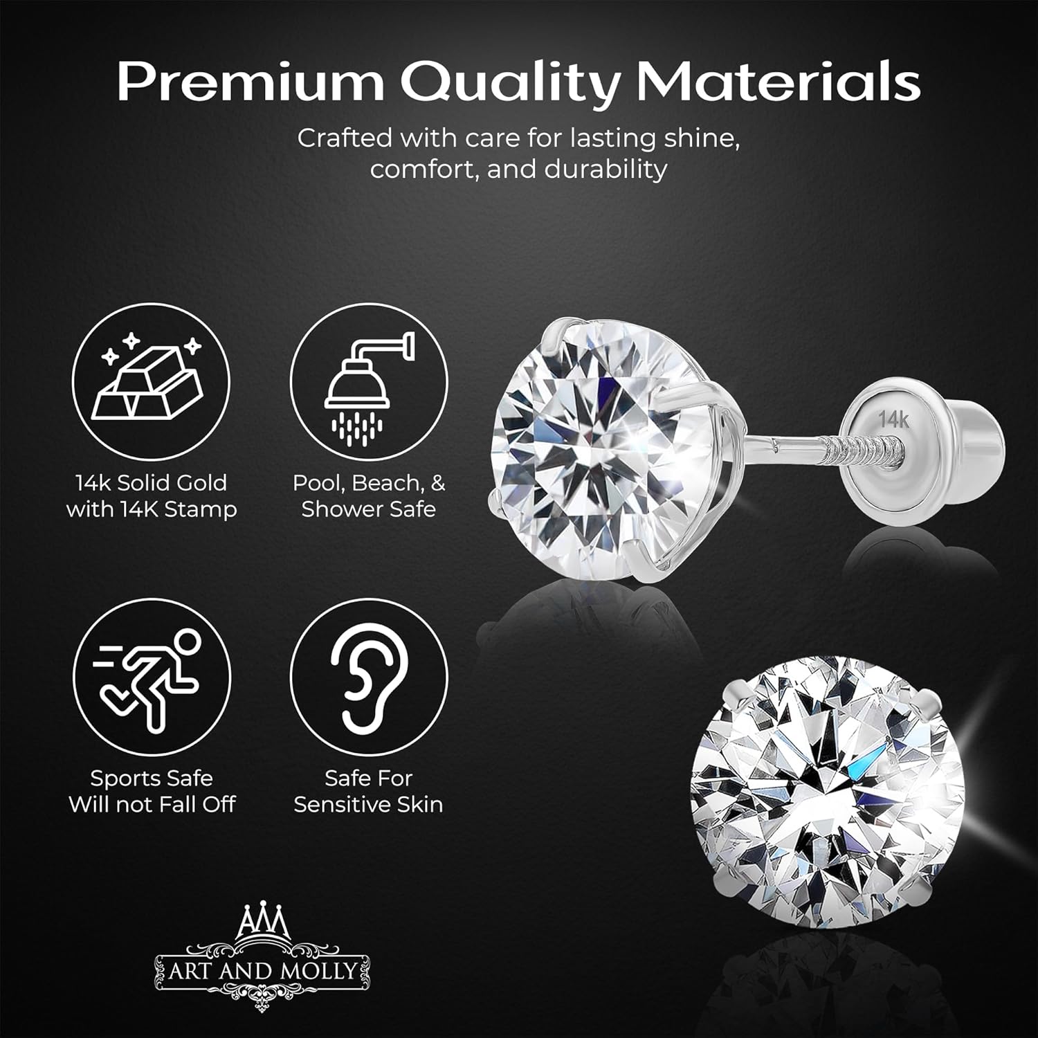 Art and Molly 14K Solitaire Gold Earring Solid 14-Karat Round Cubic Zirconia Stud Earrings with Screw-Back, CZ Studs with Gift-Ready Box - Image 2