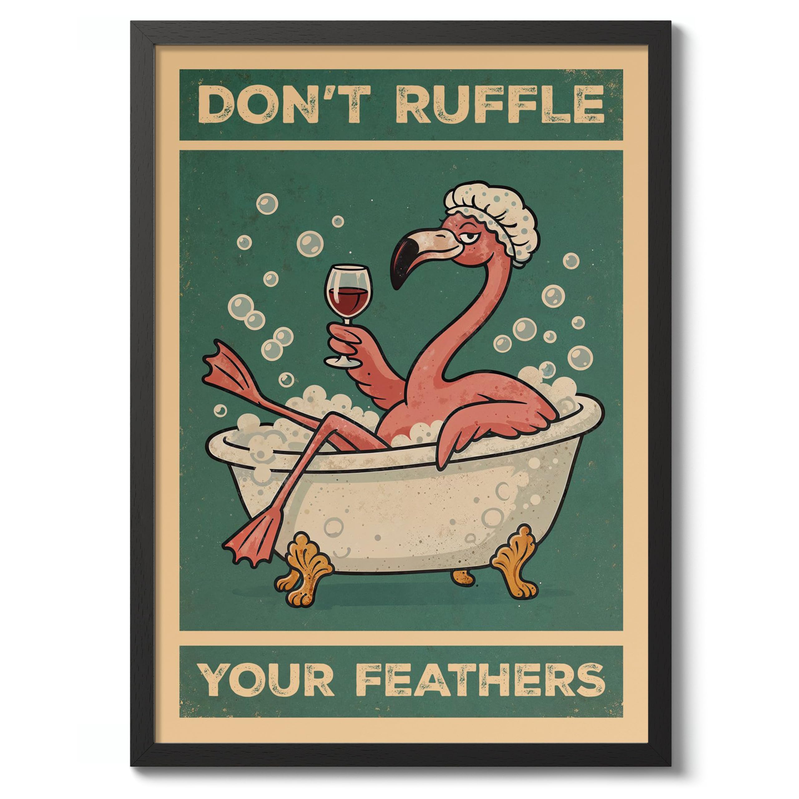 Don'T Ruffle Your Feathers Poster, Retro Animal Bathroom Print, Comedy Toilet Wall Art, A1 (Black Frame) - 86.9x62.4cm