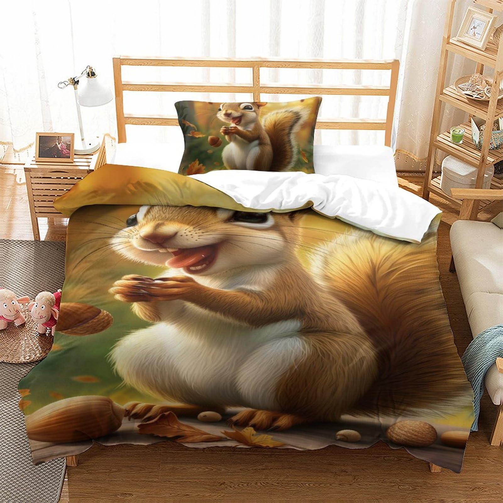 Housse de couette écureuil 3D en microfibre 135x200 cm avec 2 taies d'oreiller