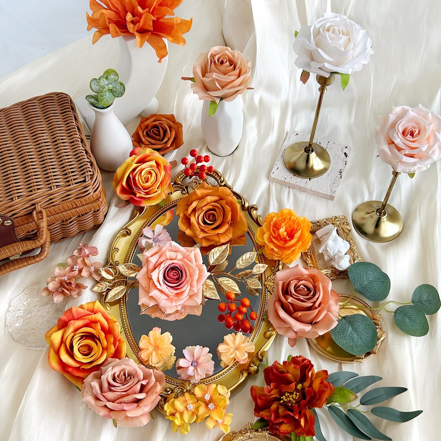 Artificial Flowers Combo Box Silk Burnt Orange Roses with Stems Sunset Terracotta DIY Bridal Wedding Bouquets Fall Boho Cake Fake Floral Arrangements Baby Shower Party Table Centerpieces Home Decor - Image 2