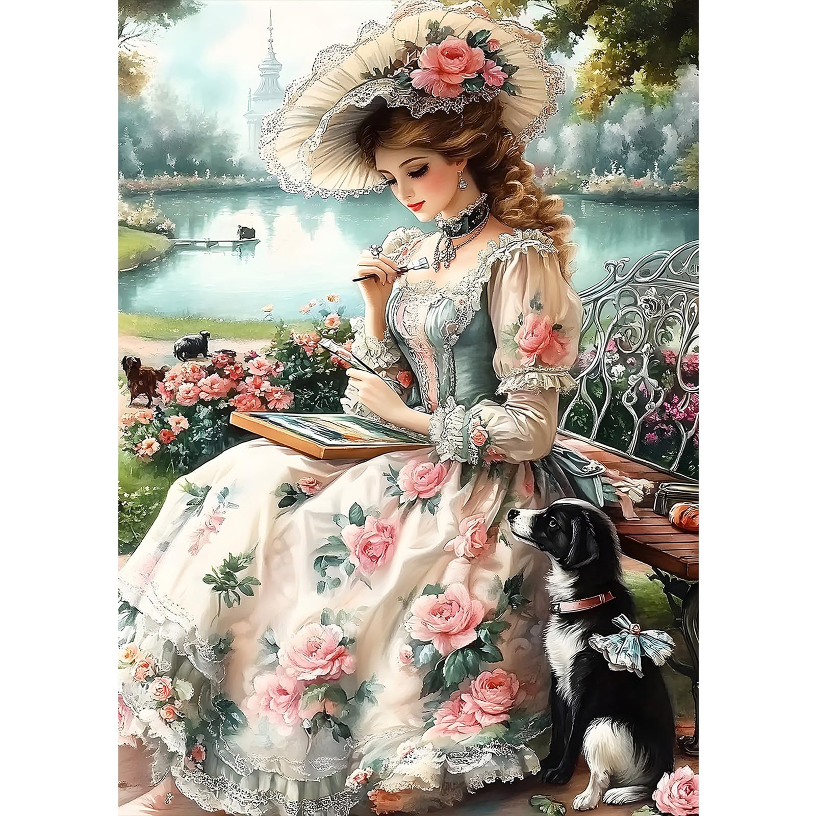 Kit Peinture Diamant Dame Et Chien - 30x40 Cm - Diamants Ronds 5D - Déco Murale DIY