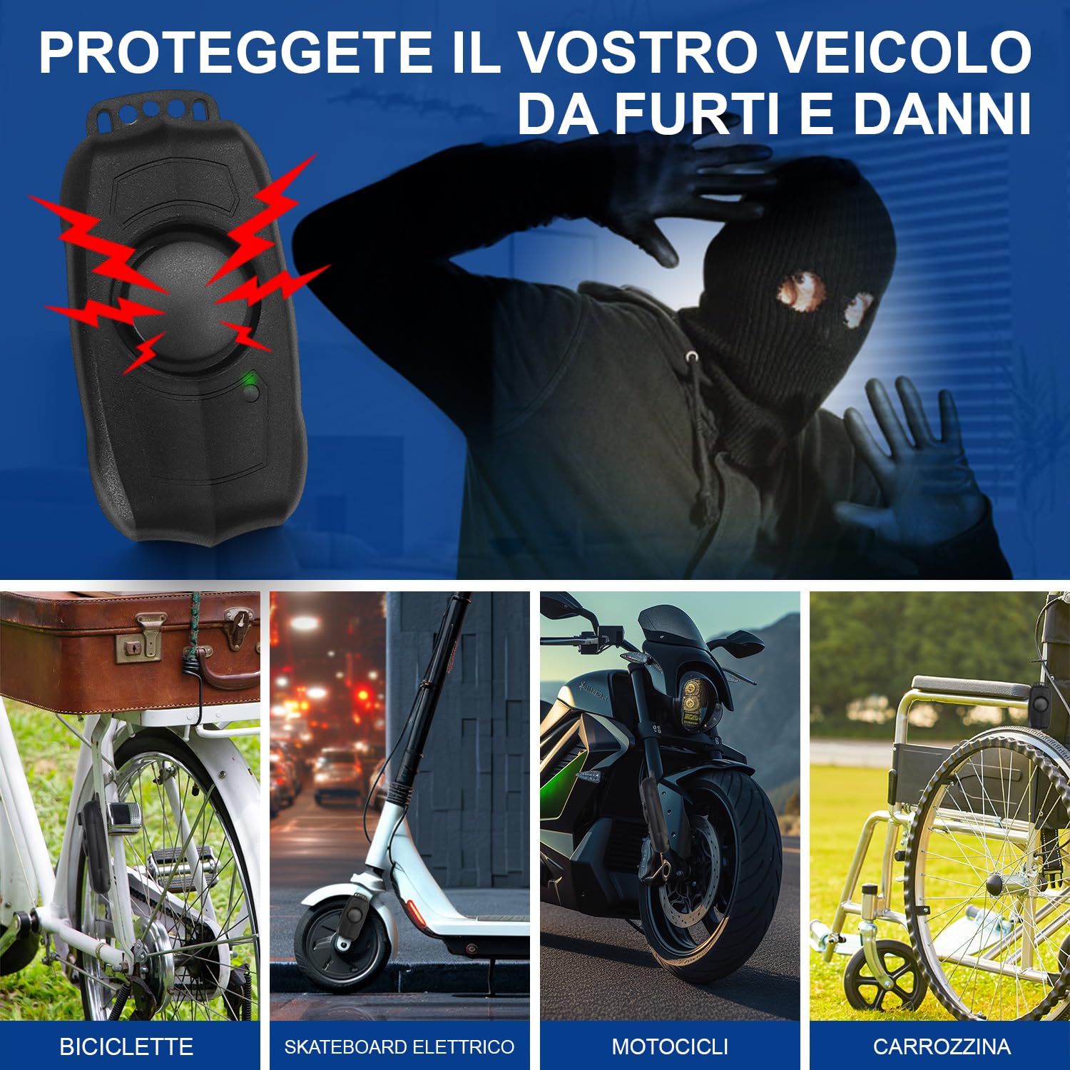 Allarme per bicicletta con telecomando, ricaricabile via USB, allarme impermeabile antifurto con sensore di movimento a vibrazione, allarme per bicicletta, scooter elettrico e moto, suono forte 120dB