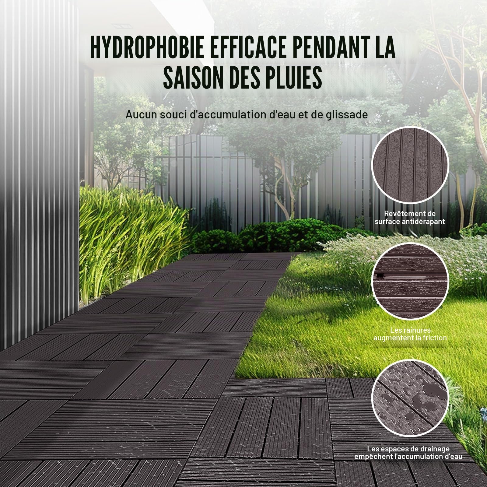 VEVOR Dalles de Terrasse Emboîtables, Lot de 54, Revêtement de Sol Plastique Imperméable, 300x300 mm, 50166 c㎡, Utilisation par Tous les Temps, pour Porche, Piscine, Balcon, Arrière-cour, Marron Foncé