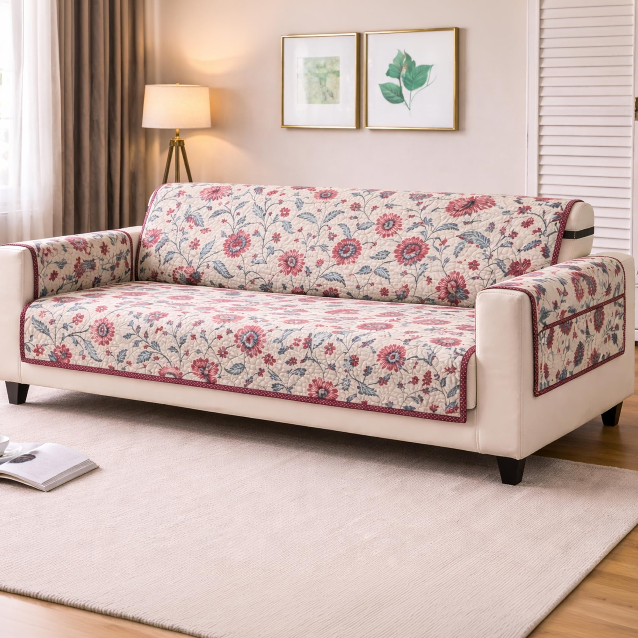 Cortina Reversible Quilted Sofa Cover with Pockets, Adjustable Elastic Straps | Sofa Couch Protector | Machine Washable Fully Covered Sofa Slipcover (White/Red, 2 Seater)-image-20