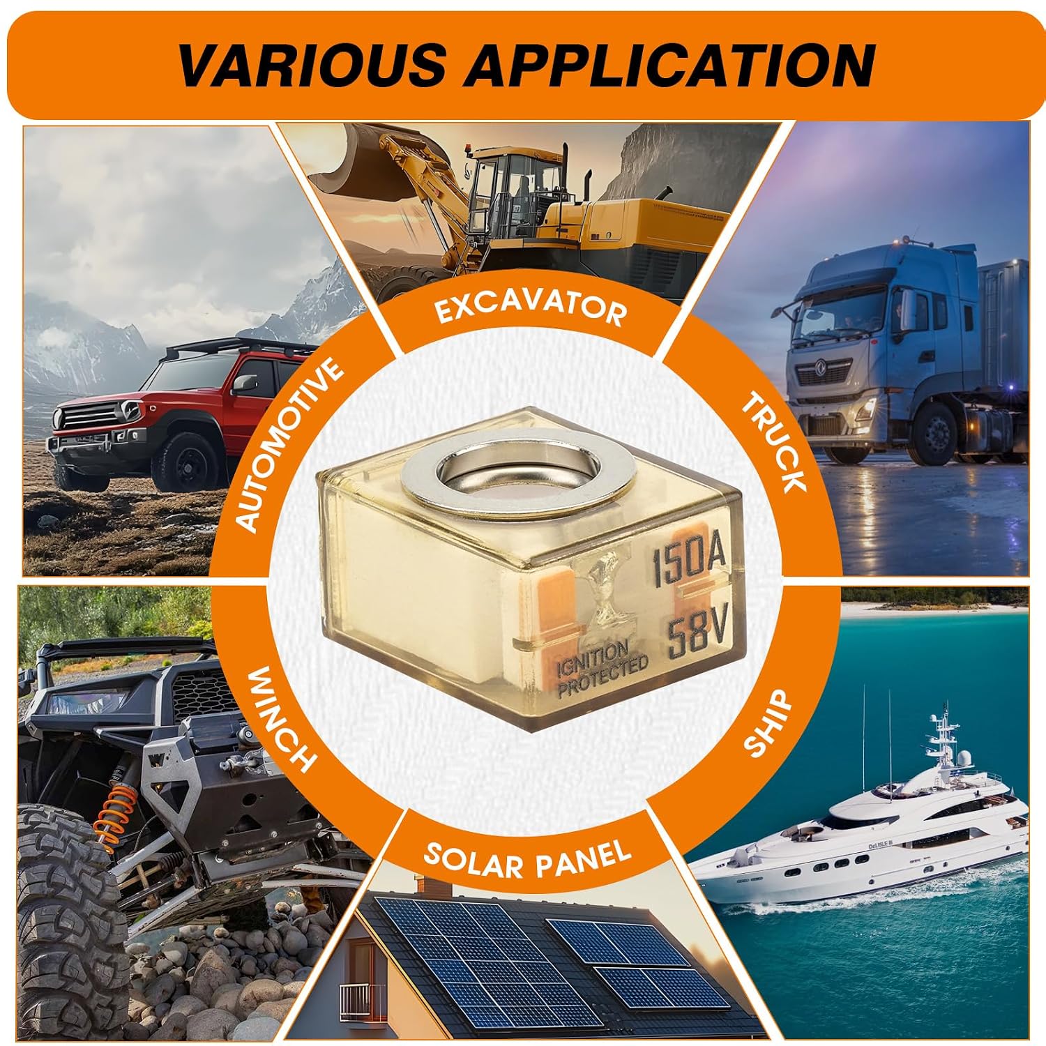 IPBF Marine Rated Battery Fuse 58V Ignition Protected for Multiple Batteries Deal for Boats Trucks RVs Construction Vehicles Ceramic & UL94V0 Thermoplastic(150A,5PACK)