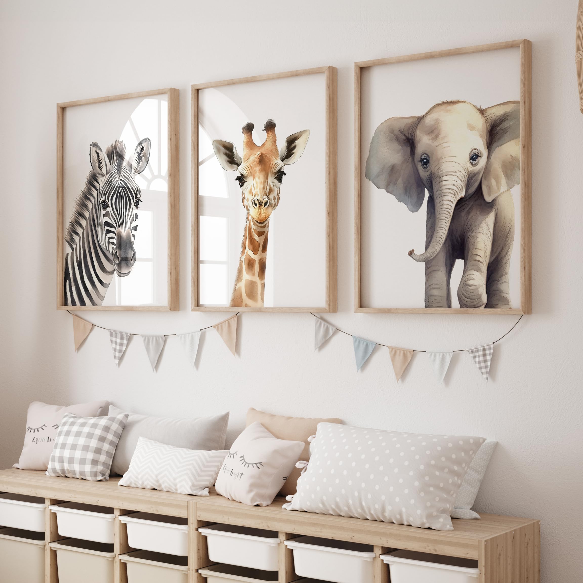 Rose Rowan Design Safari Animal Prints for Nursery, Set of 3 Wild Animal Wall Art for Babies Room, Gender Neutral Decor, Giraffe, Elephant, Zebra (Plain, A3)