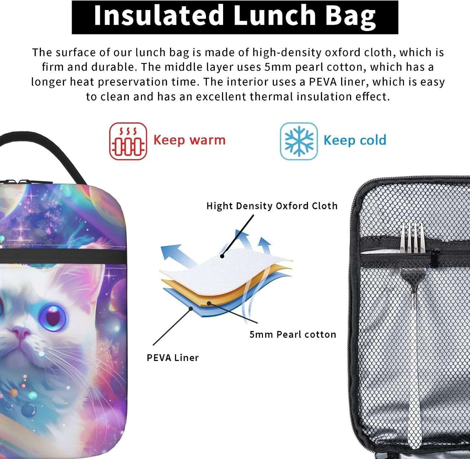 Insulated Lunch Box for Girls Men Boys Women Cat Lunch Box for Work,Picnic,School,Travel,Hiking,Beach or Fishing Polyester Purple Cat Theme Lunch Bag