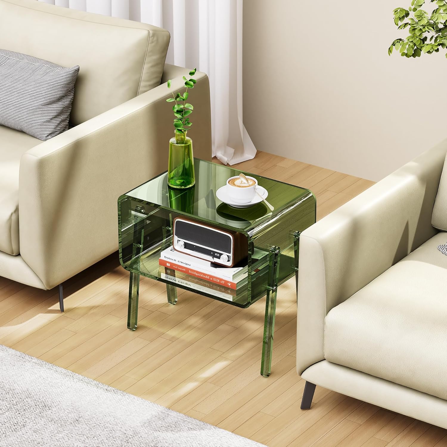 Acrylic Side Table, 2-Tier End Table with Open Storage for Small Spaces, Clear Nightstand Bedside Table with for Bedroom, Living Room (Green, 16.9" × 11.8“ × 17”)