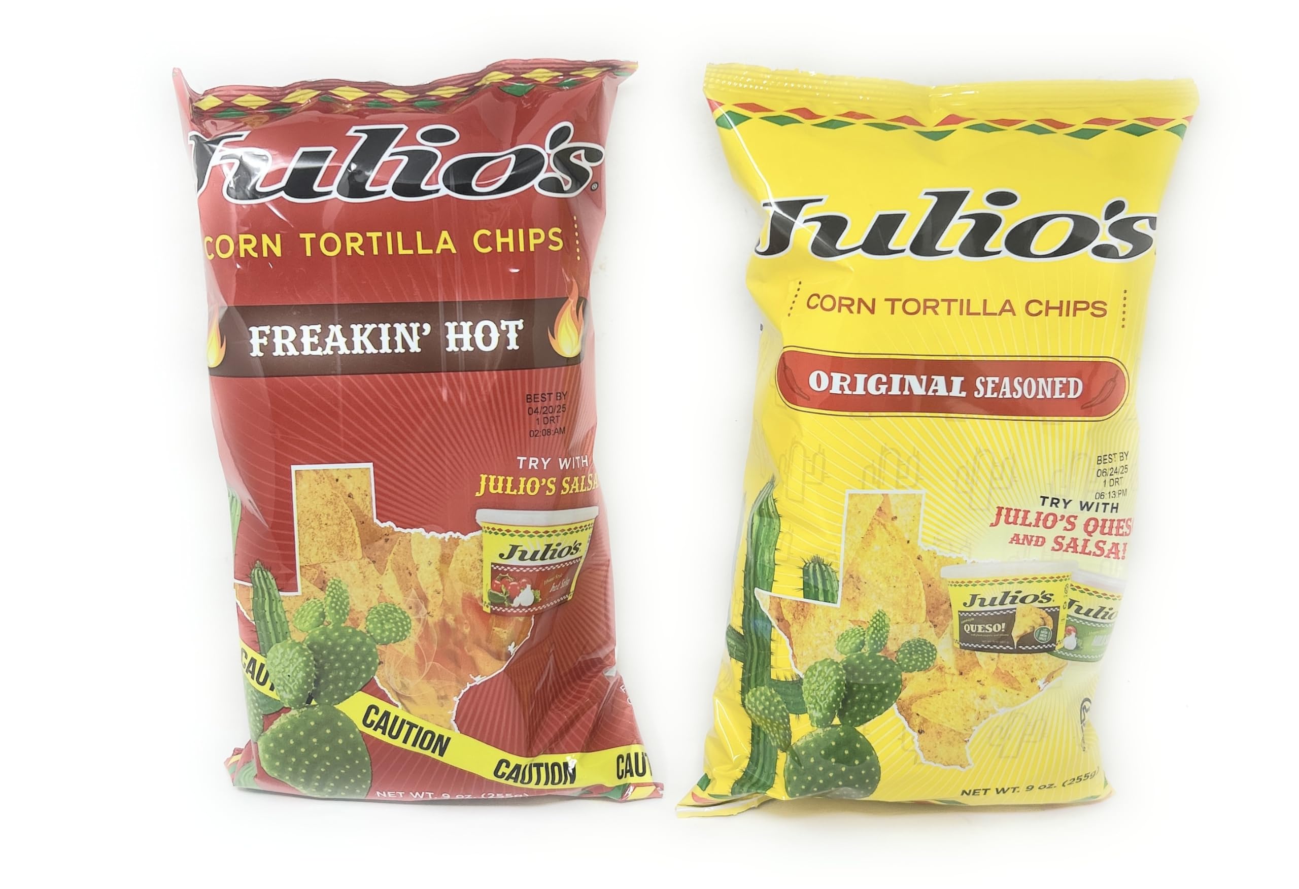 Julio's Corn Tortilla Chips (1 Bag Each Original Lightly Seasoned and Freaking Hot 9oz) (Total of 2 Bags) Habanero