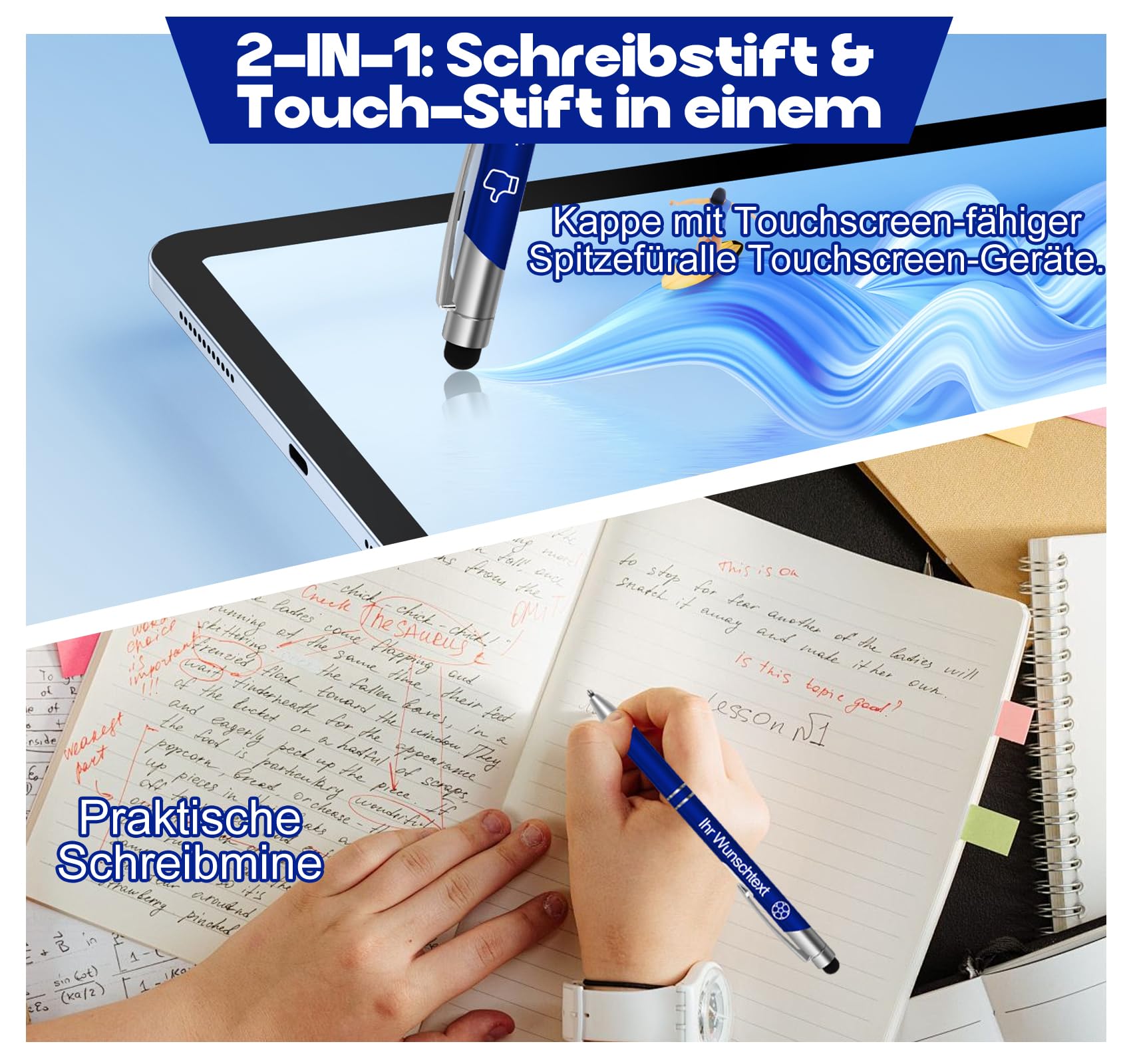 100 Stück Personalisierte Kugelschreiber mit Gravur (Name & Wunschtext),Kugelschreiber mit logo Touchpen für Smartphone&Tablet, Ideales Abschiedsgeschenk für Lehrer, Kollegen oder Ruhestand