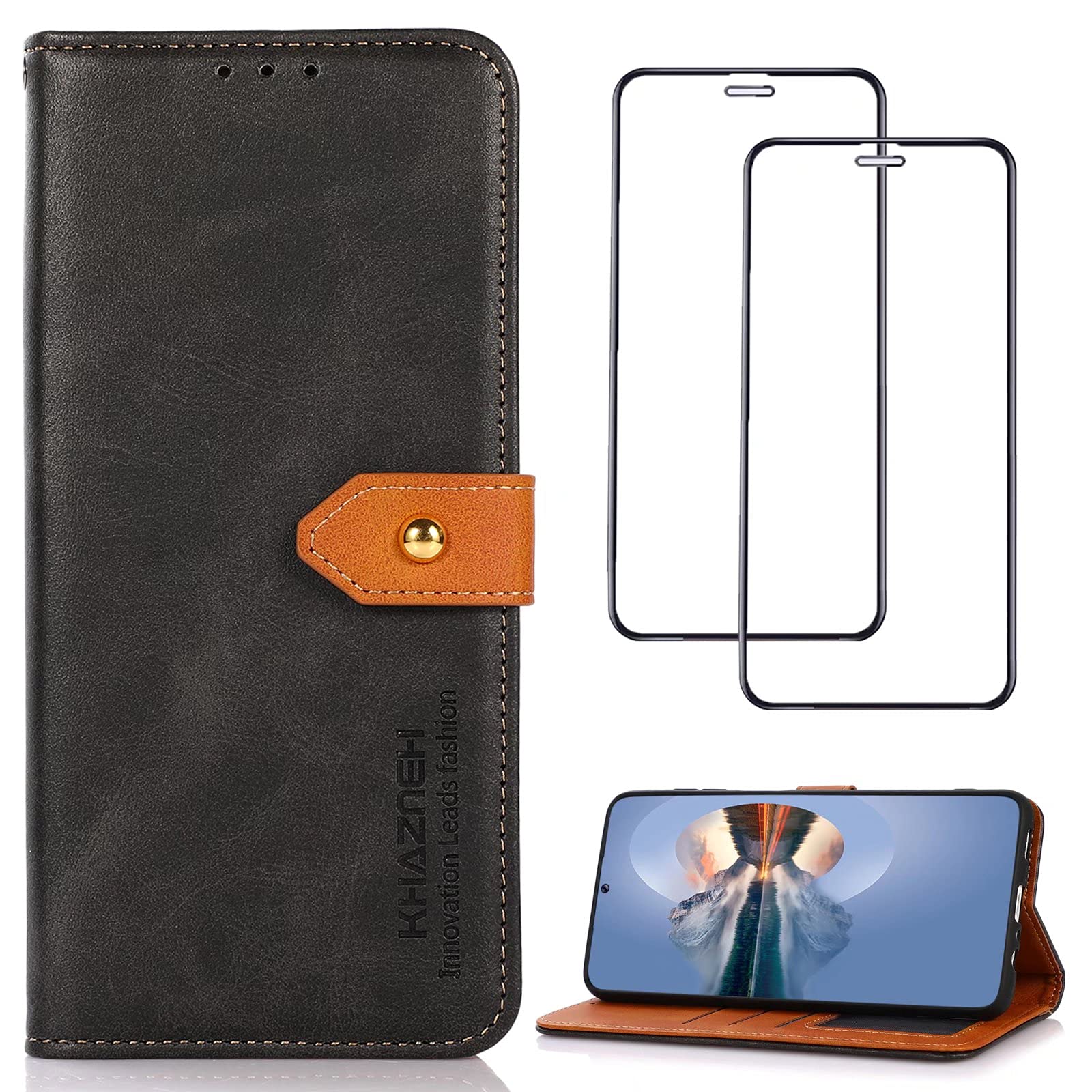 Case for Xiaomi Black Shark 3 Leather Cover Flip Wallet With Card Slot Kickstand Magnetic 360 Degrees Anti-fall Protective PU Cover 【Give 2 sheets of tempered glass film】 - Black