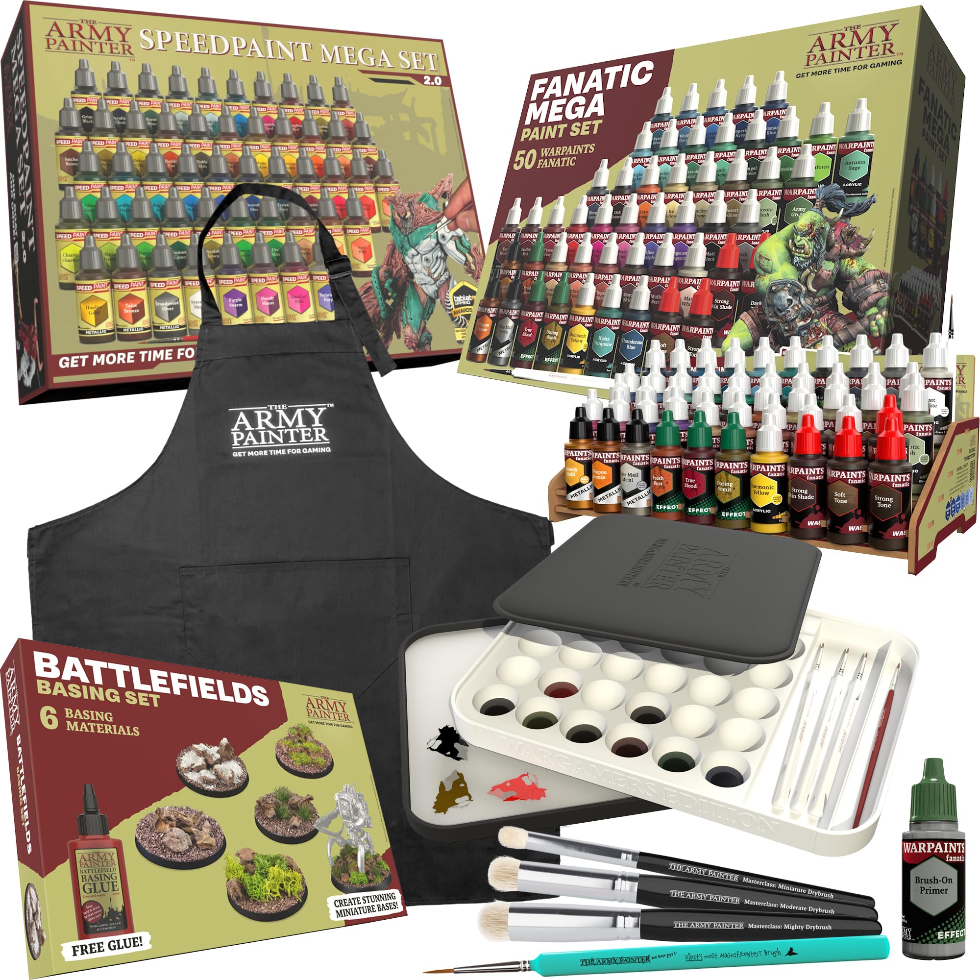 The Army Painter, Ultimate Starter Bundle, Incl: Warpaints Fanatic & Speedpaint 2.0 Mega Set, Wet Palette XL, Battlefield Basing, Masterclass DryBrushes, Black Apron, 2 brushes, Brush on primer