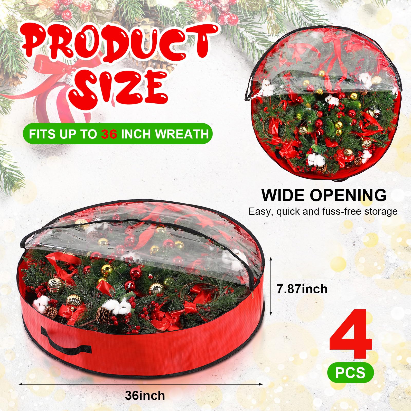 Aliceset 4 Stück Weihnachtskranz-Aufbewahrungstasche mit transparentem Fenster, Weihnachtskranz, Aufbewahrungsbehälter, Kranzboxen für die Aufbewahrung mit Griff, Urlaubskranz-Verpackung (91,4 x 91,4