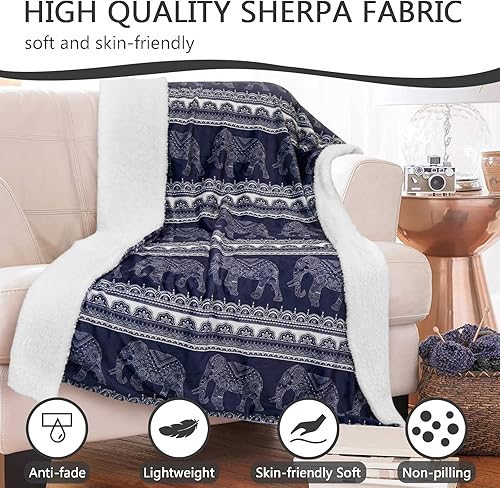 Miniatura 6 de shuownshg Manta de elefante Sherpa de forro polar azul marino, mandala floral azul elefante, manta bohemia bohemia de elefante para sofá, cama,