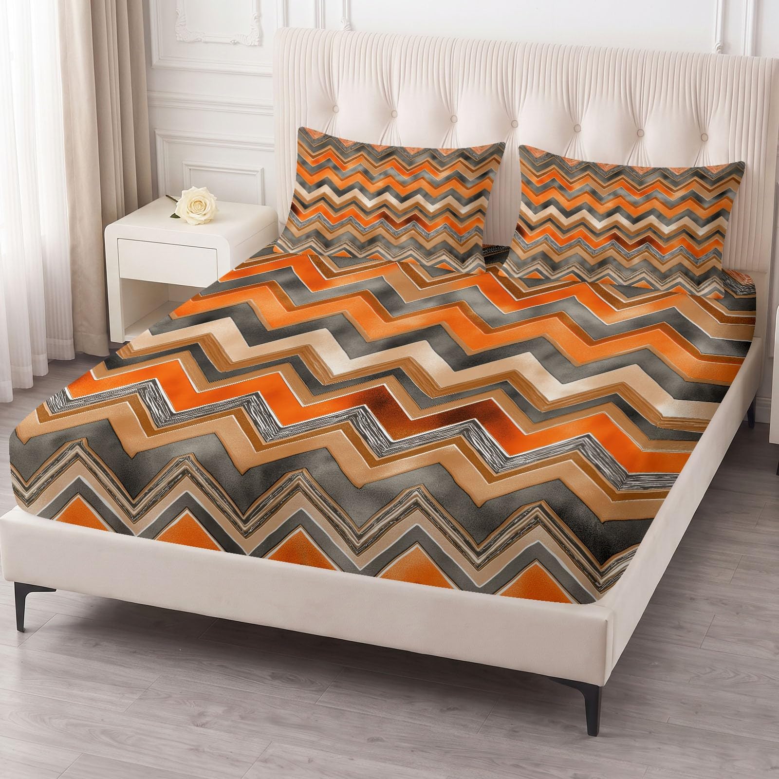Juego de sábanas bajeras ajustables de 3 piezas, 160 x 200 cm, diseño geométrico bohemio, de microfibra, suave, con 2 fundas de almohada de 80 x 80 cm, colchones de hasta 30 cm