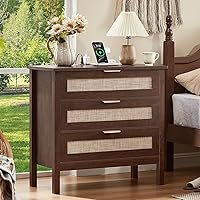 LEYAOYAO Boho Rattan 3-Drawer Nightstand 31.5" Wide Walnut Bedside Table with Storage