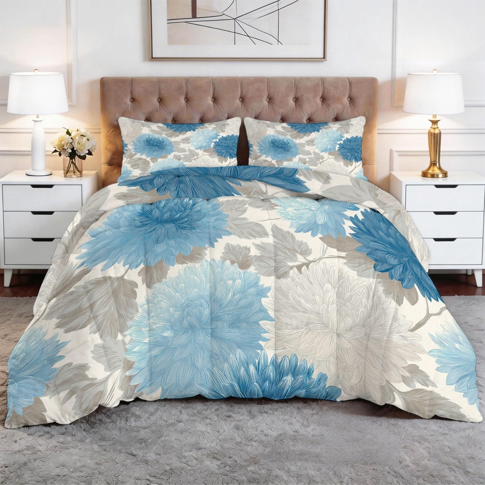 Crisantemi Blu Piumone Stampato Adulto 140 x 200 cm, Piante in Pastello Trapunta 4 Stagioni senza Copri-Guest Principale Edredon Trapunte Trapuntate Reversibili Calde