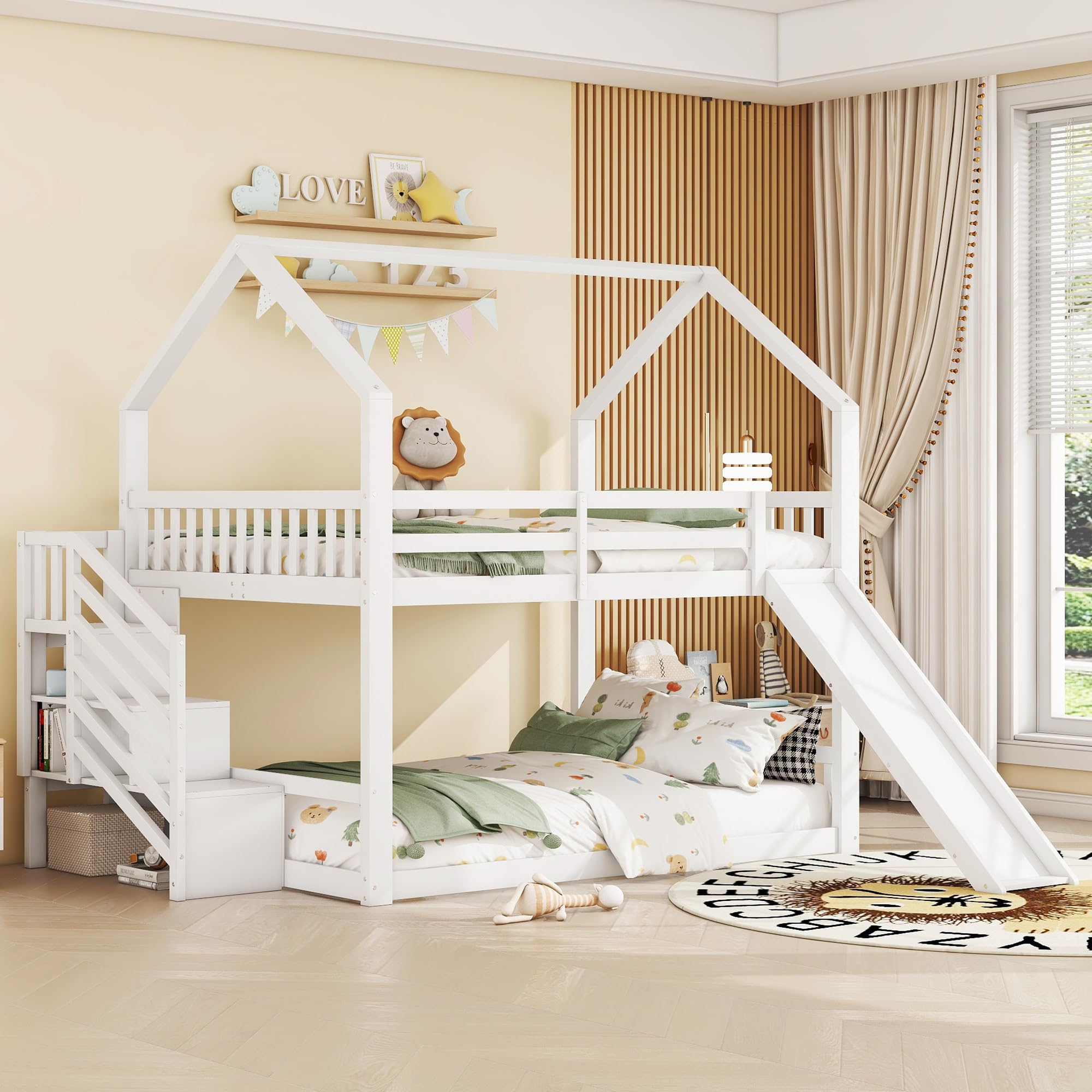 YESGIGA 140x200cm Etagenbett mit Stauraumtreppe und Rutsche, Hausbett, Kinderbett mit Geländer, geeignet für Kinder, Jugendliche (Weiß)