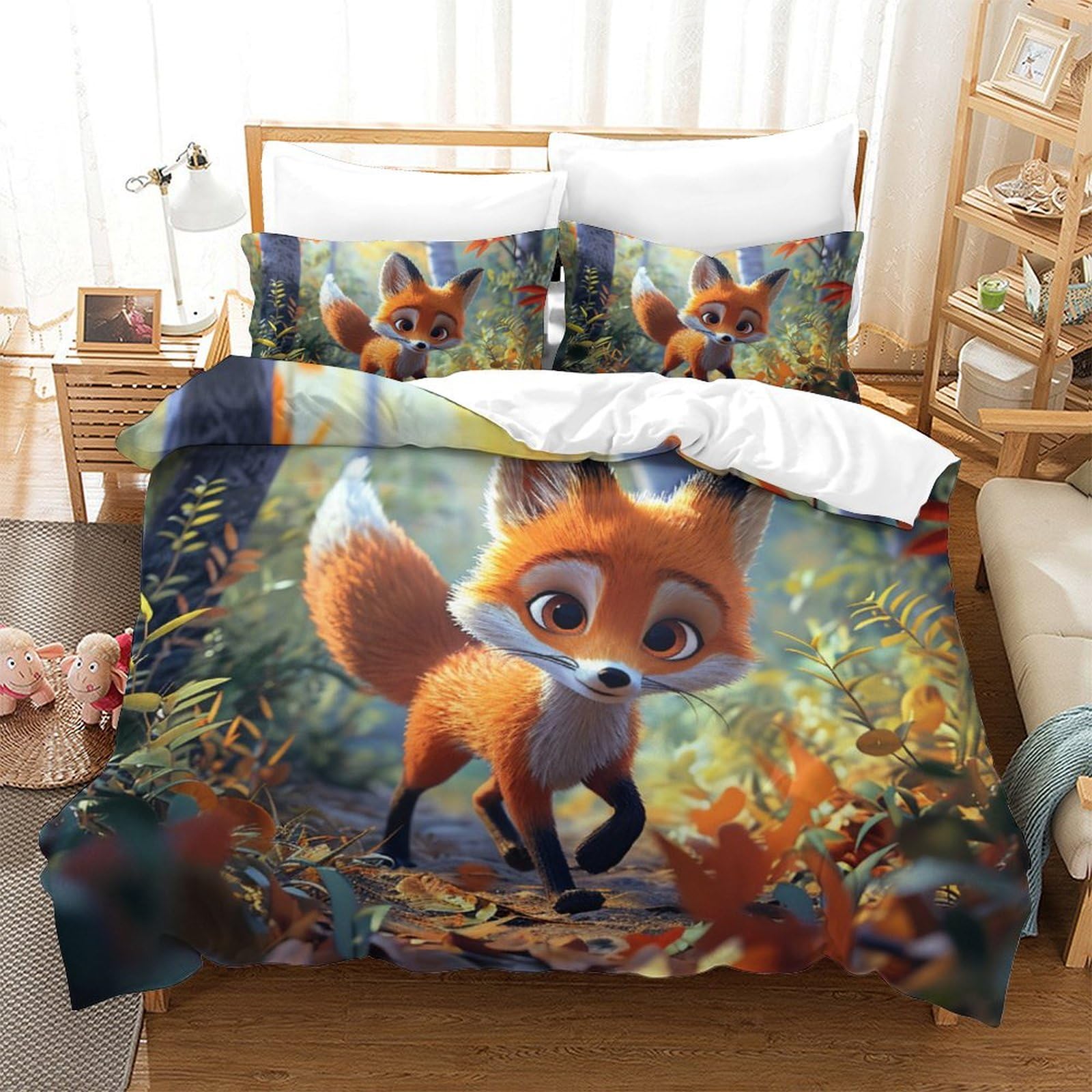 Housse de couette renard 3D Super King 260x220cm en microfibre douce avec 2 taies d'oreiller