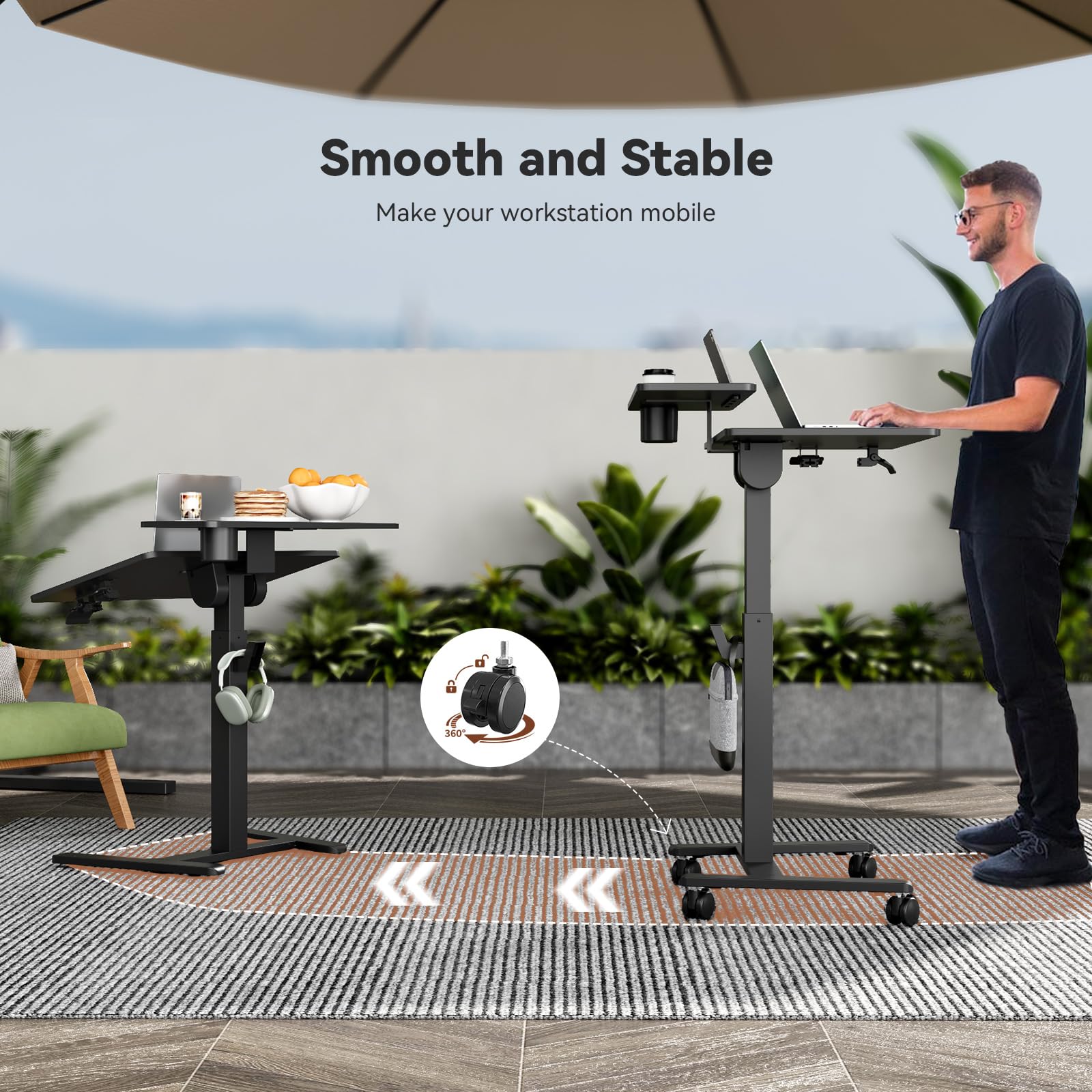 28Inch Rolling Standing Desk On Wheels Small Computer Workstation Adjustable Height Mobile Laptop Stand with Tiltable Desktop 2-Tier — view 8