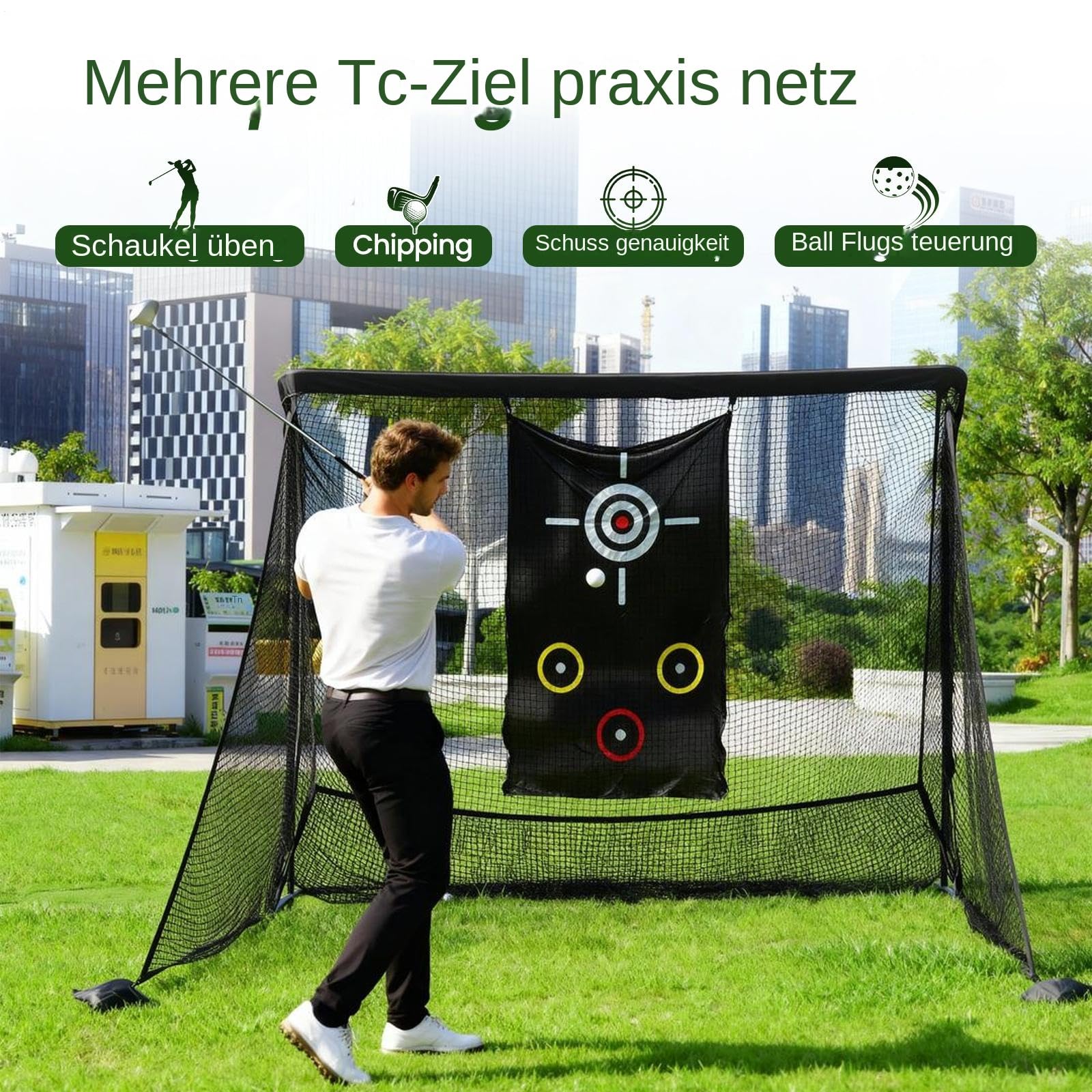 Golf-Übungsnetz, 300 x 210 cm großes Golfnetz mit Seitenbarrieren/automatischer Ballrückführung, geräuscharmer Zielscheibe, Tragetasche, 4 Heringen, Übungsnetz für Indoor/Outdoor-Training