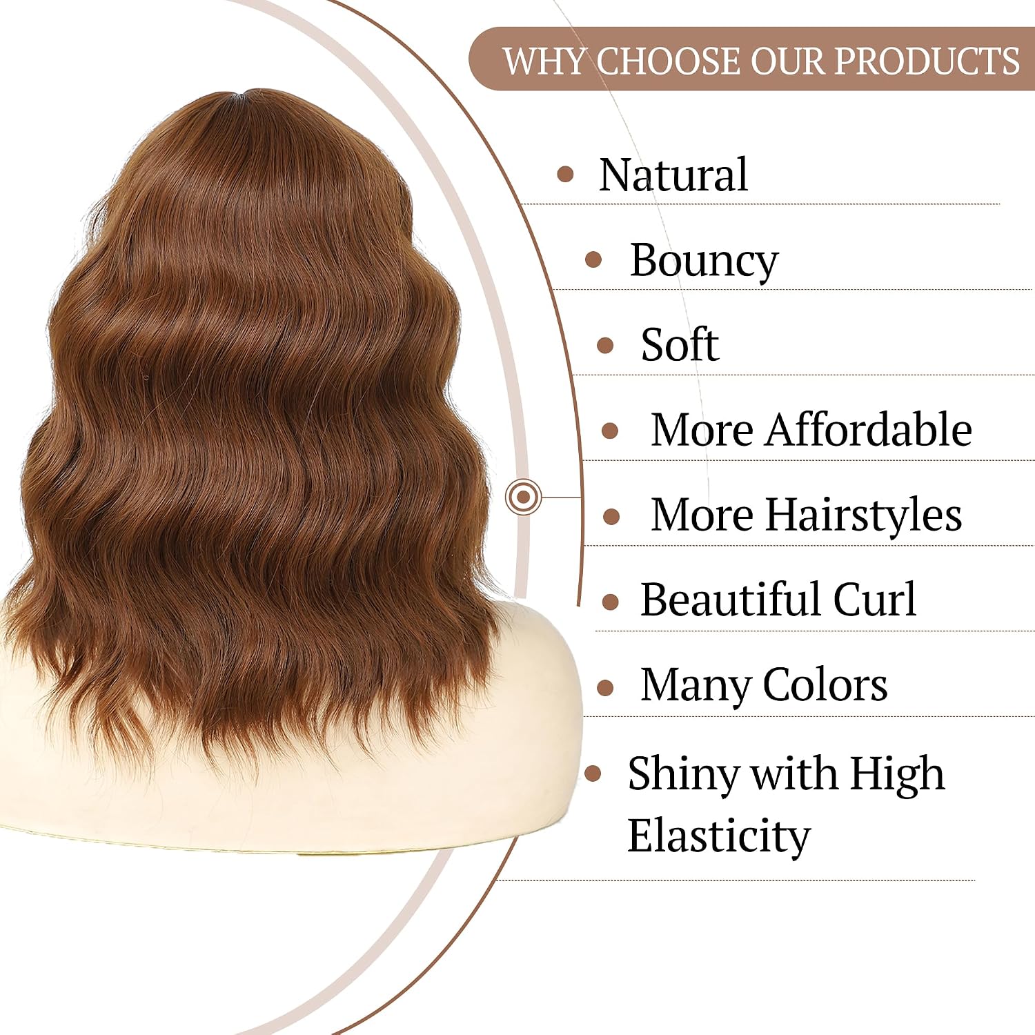Brown Wig with Bangs Auburn Wigs for Women Short Wavy Light Brown Wig Shoulder Length Curly Bob Synthetic Heat Resistant Fiber for Daily Party Use (14 Inches)