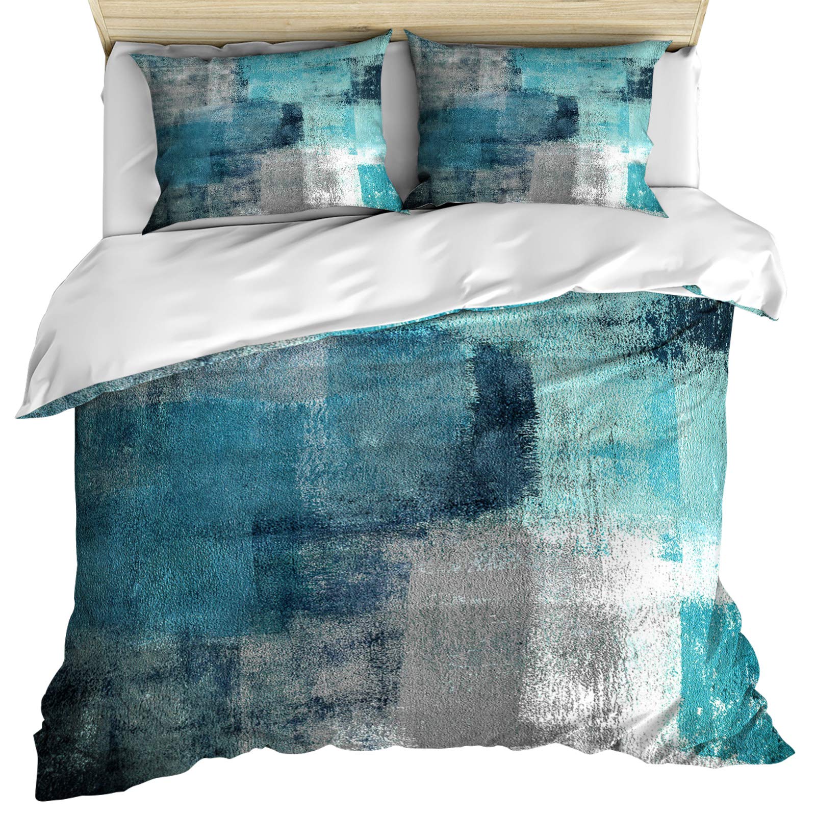 Turquoise Blue Duvet Covers Set, Teal Abstract Art Painting Bedding Set of 3, Geometric Modern Grey Comforter Covers Set with Zipper Closure Quilts Cover for Bedroom, Cal.King Size