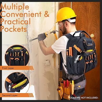 BAGZY Electricians Tool Bag for Men Tool Bags Heavy Duty with Laptop Compartment for 17 inch Waterproof Tools Bag Backpack With USB Port for Industrial Construction Work Storage Organization Blue