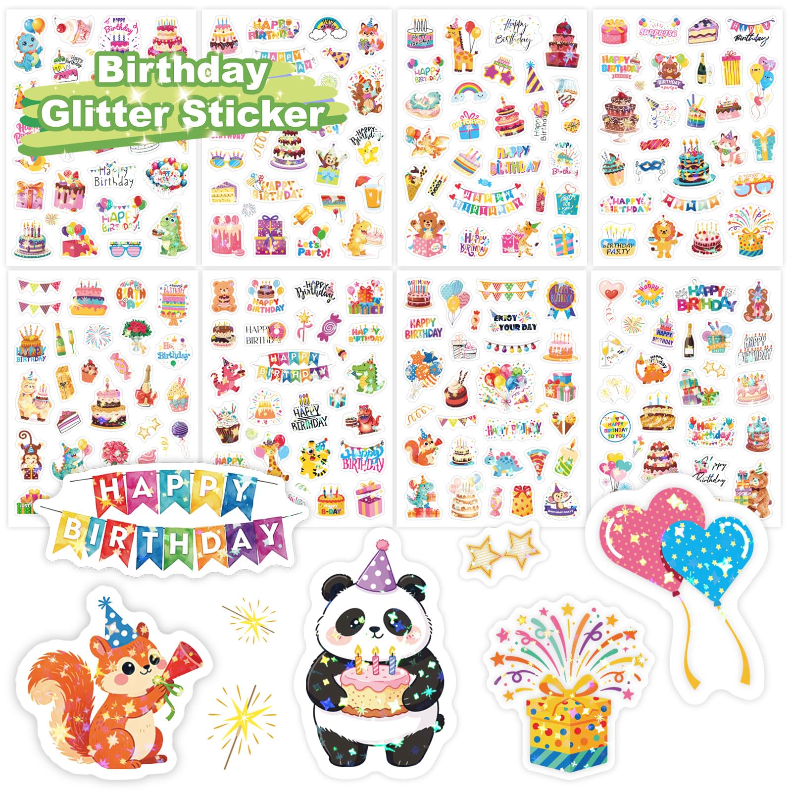 Birthday Glitter Stickers, 8 PCS Cute Birthday Sticker, Holographic Foil Finish, Suitable for DIY Birthday Cards, Gifts, Guest Books and Scrapbooks, Birthday Party Decorations