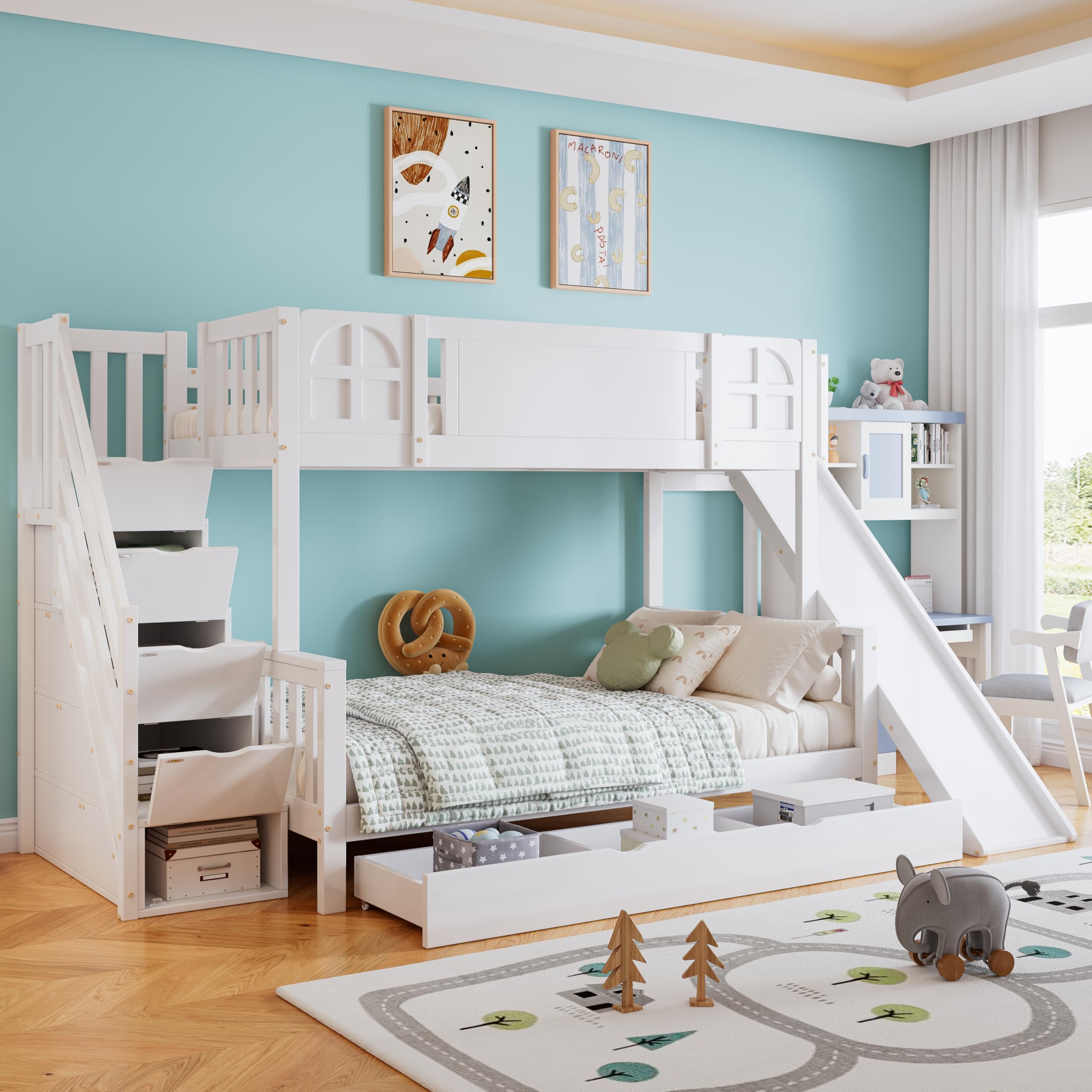 Etagenbett, 90x200cm, 90x200cm, Weiß, Kinderbett Mit Fenster, Mit Kinderrutsche, Schubladen mit Rollen, Treppen mit Handlauf, Mit 4 Schließfächer in der Treppe, Vielseitiges Design, Reichlich Stauraum