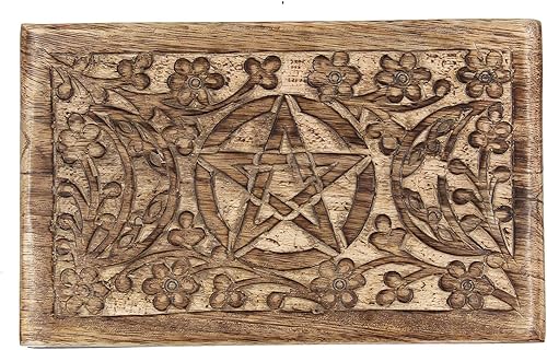 Miniatura 6 de DharmaObjects Caja de almacenamiento de madera tallada a mano para joyería (Triple Moon, grande)