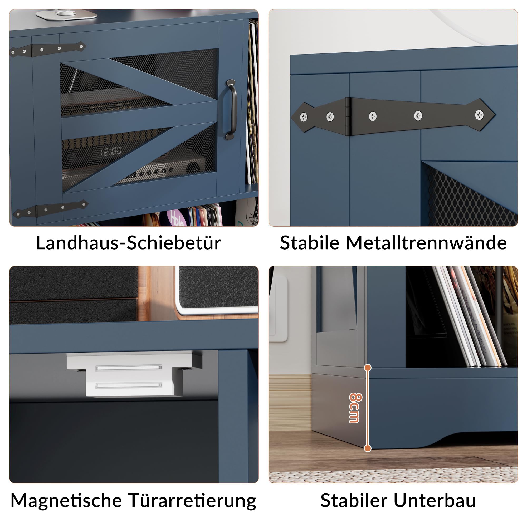 120 * 40 * 79cm MDF Vinyl Schallplattenständer ，Echtholz-Optik Ständer für bis zu 500, 2× Steckdose & 2× USB, Umfallschutz, Kompaktes Sideboard für Wohnzimmer & Plattenspieler (Blau)