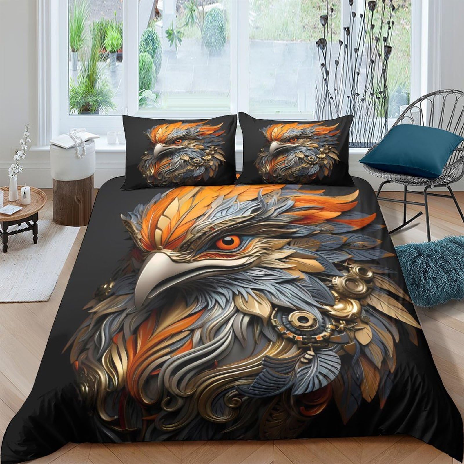 Ctjqhvkz Style-6 3D Printed Majestic Eagle Fitted Sheet Microfiber Soft Black Orange Feather Mattress Cover For Bedroom Dorm Decor Single（135X200cm）