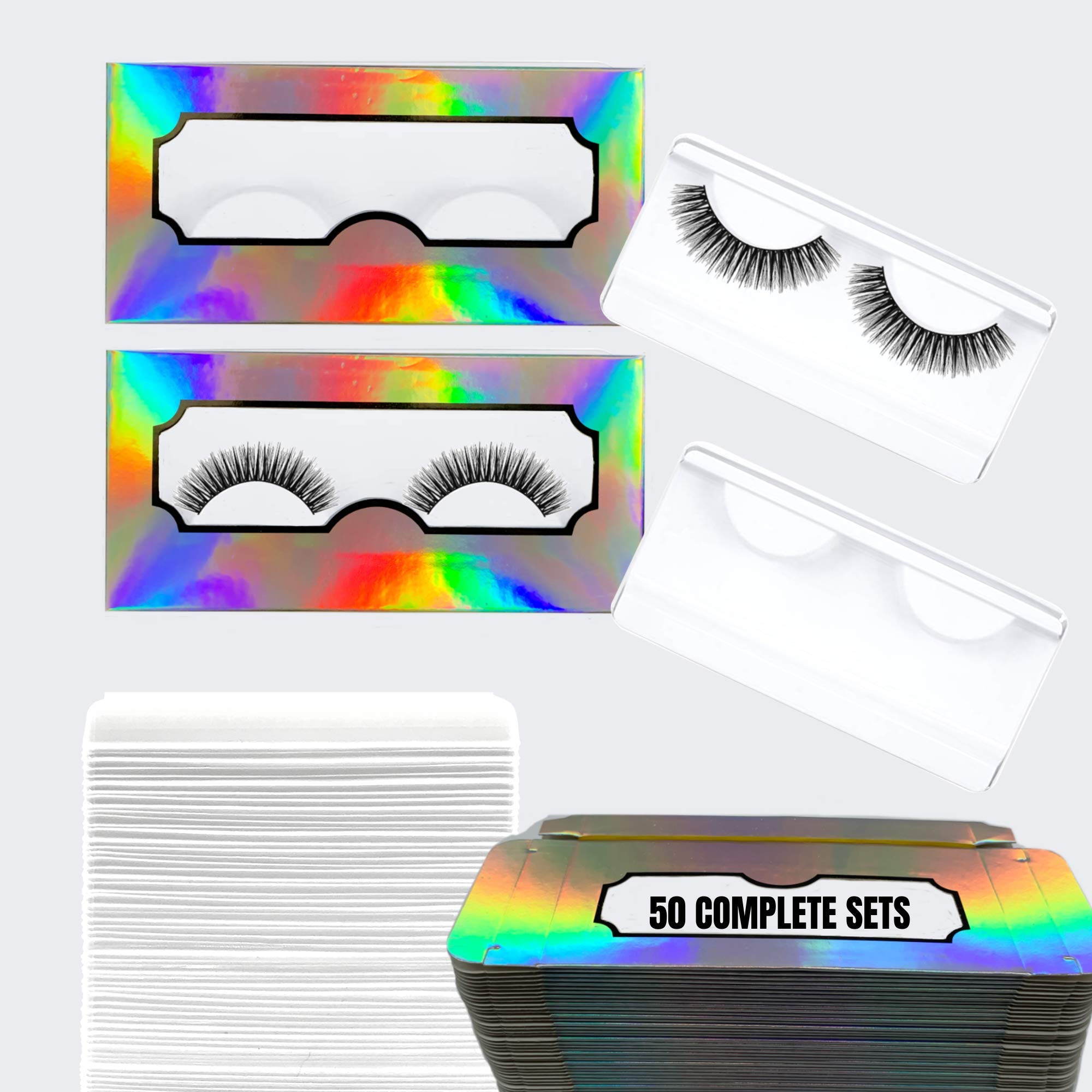 NEW-Empty Lash Boxes for Wholesale- 100 Pcs - 50 Trays/50 Empty Eyelashes Box Packaging- Soft Paper Lash Box Holographic Design for 25MM 3D Mink Strip Lashes (Silver Holographic)