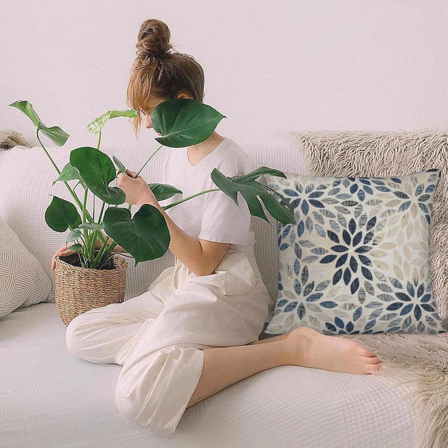 Dahlia Pillow Covers 18x18 Inch Set of 2 Summer Rust Geometric Flower Outdoor Decorative Throw Pillows Farmhouse Navy Blue Pillow Case Linen Square Cushion Cover for Home Sofa Bedroom Living Room - Image 6