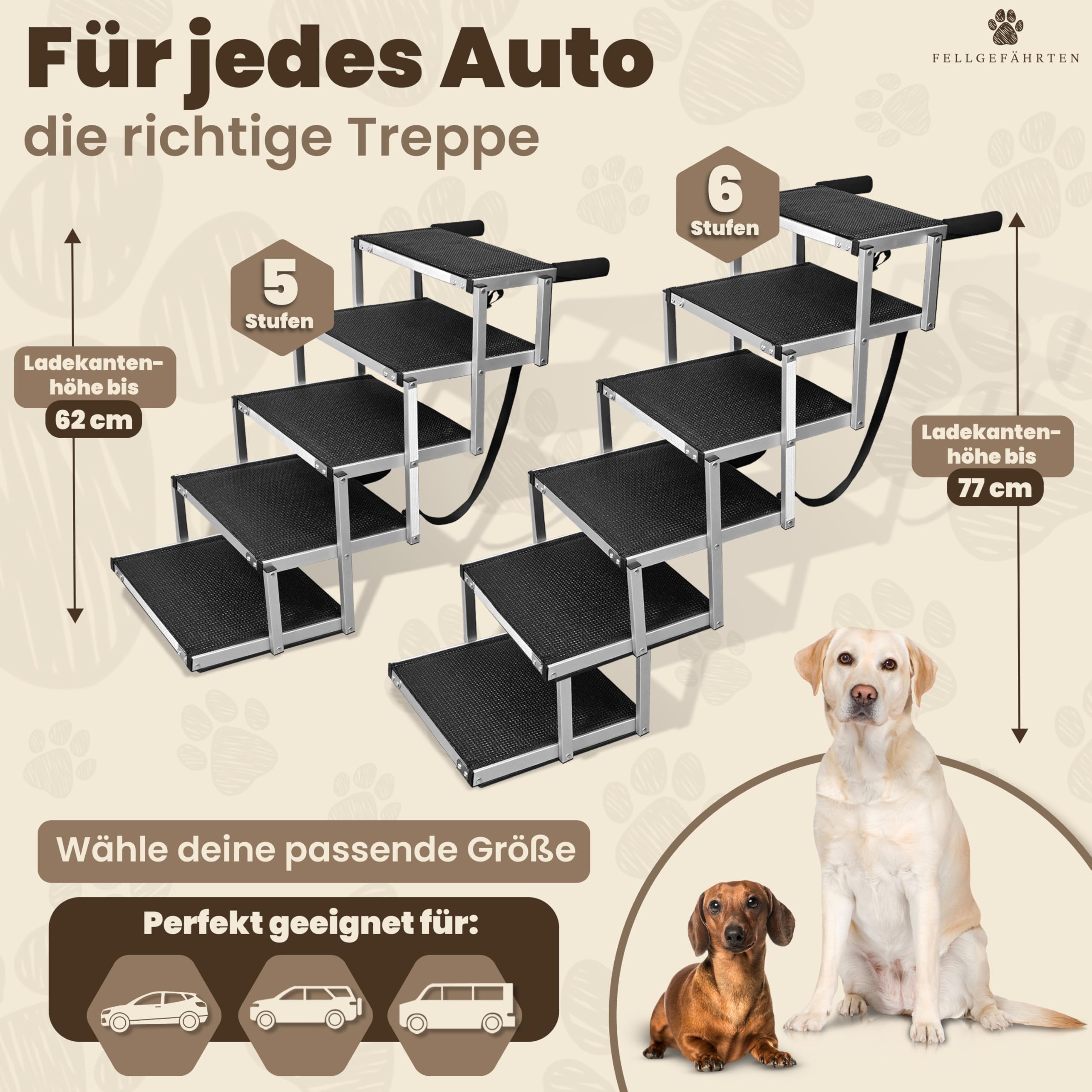 Hundetreppe Auto klappbar & Hunderampe – stabile, rutschfeste Einstiegshilfe für große Hunde mit Reflektoren, in 2 Größen erhältlich