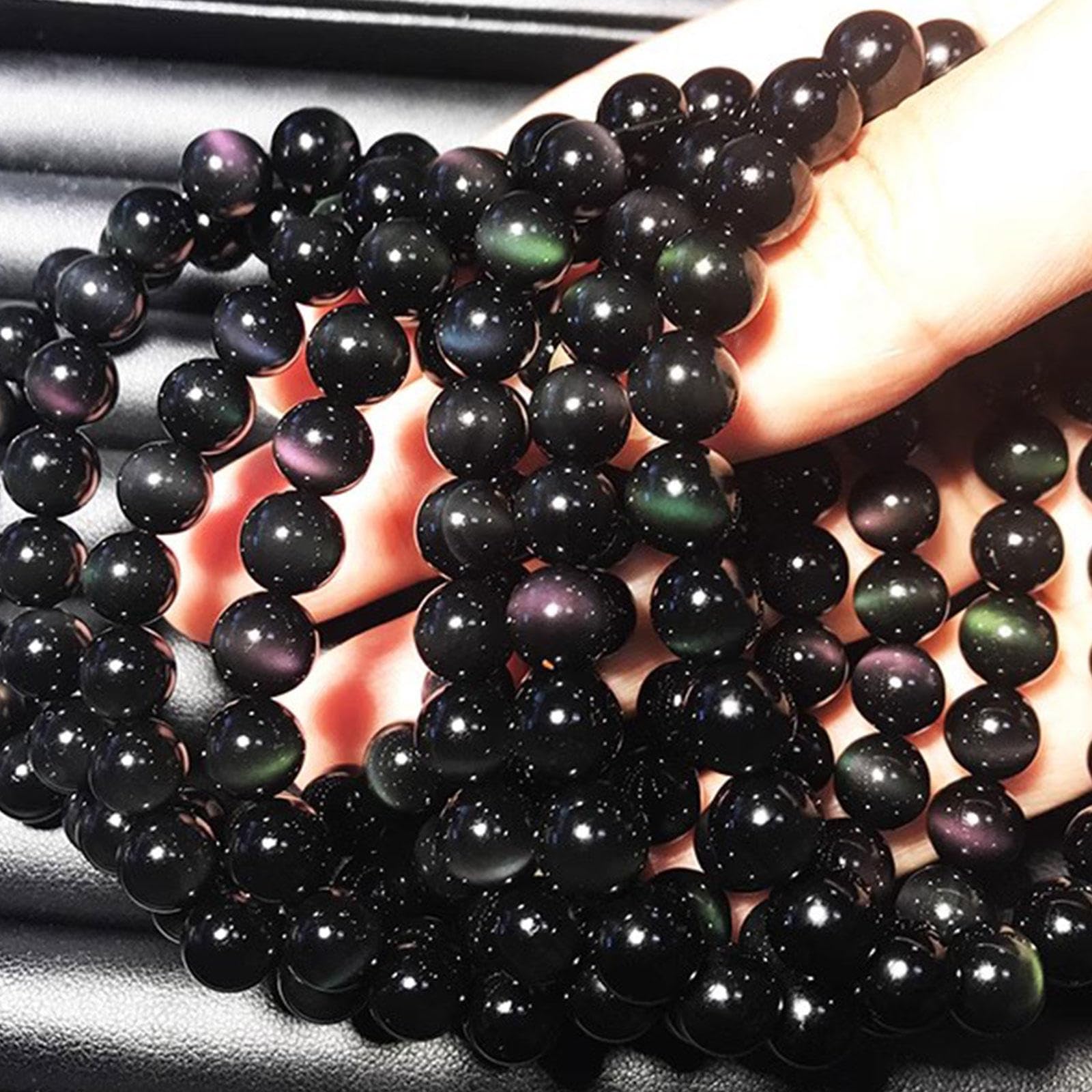Bracciale In Cristallo di Ossidiana Leggera Arcobaleno Naturale, Pietra Preziosa Fatta a Mano Perline di Cristallo Tonde Bracciale Elasticizzato per Donne Uomini
